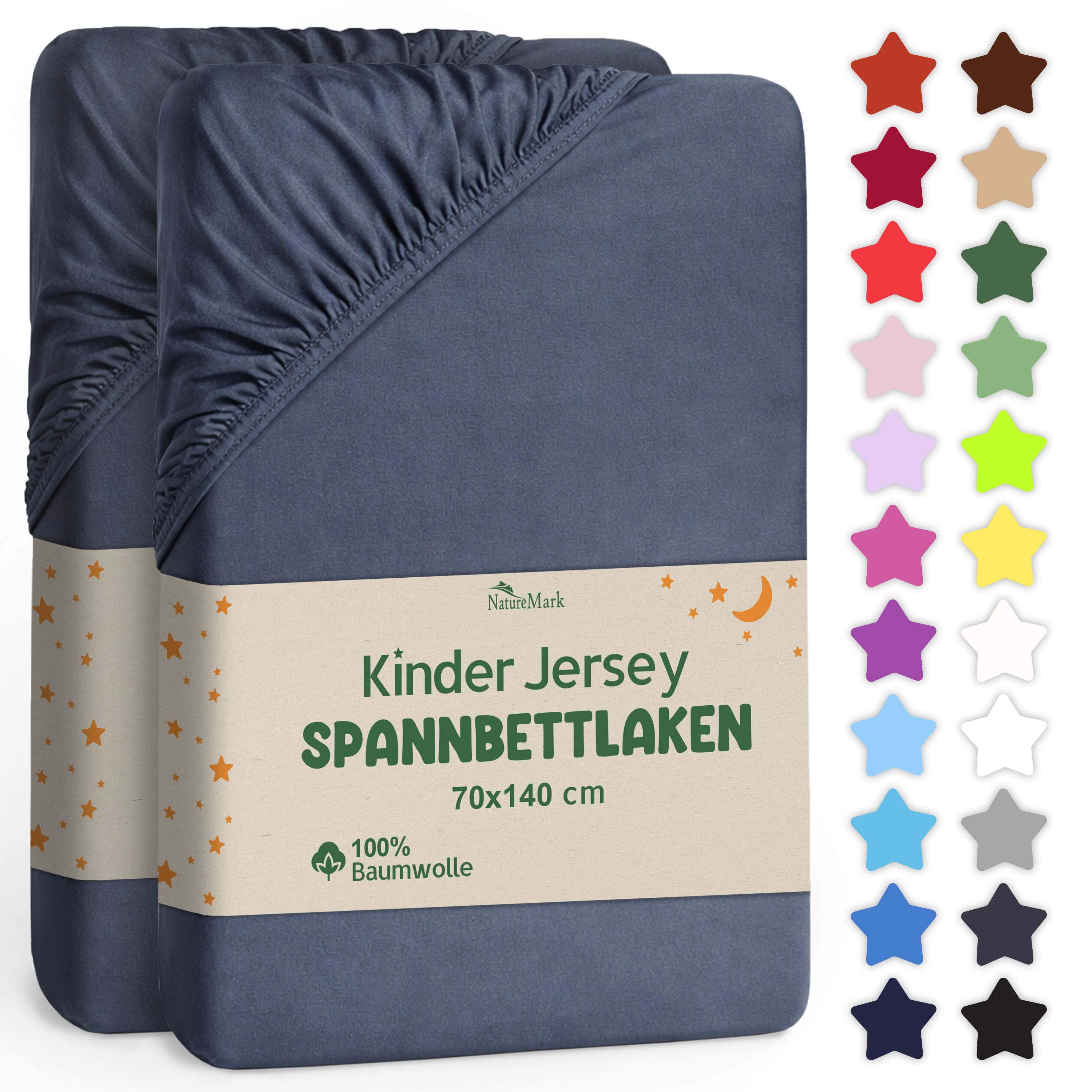 NatureMark Spannbettlaken Jersey Spannbetttuch, 100% Baumwolle, Gummizug: rundum, (2 Stück), Kinder Spannbetttuch, für Baby-/Kinderbett, 70x140 cm, Anthrazit