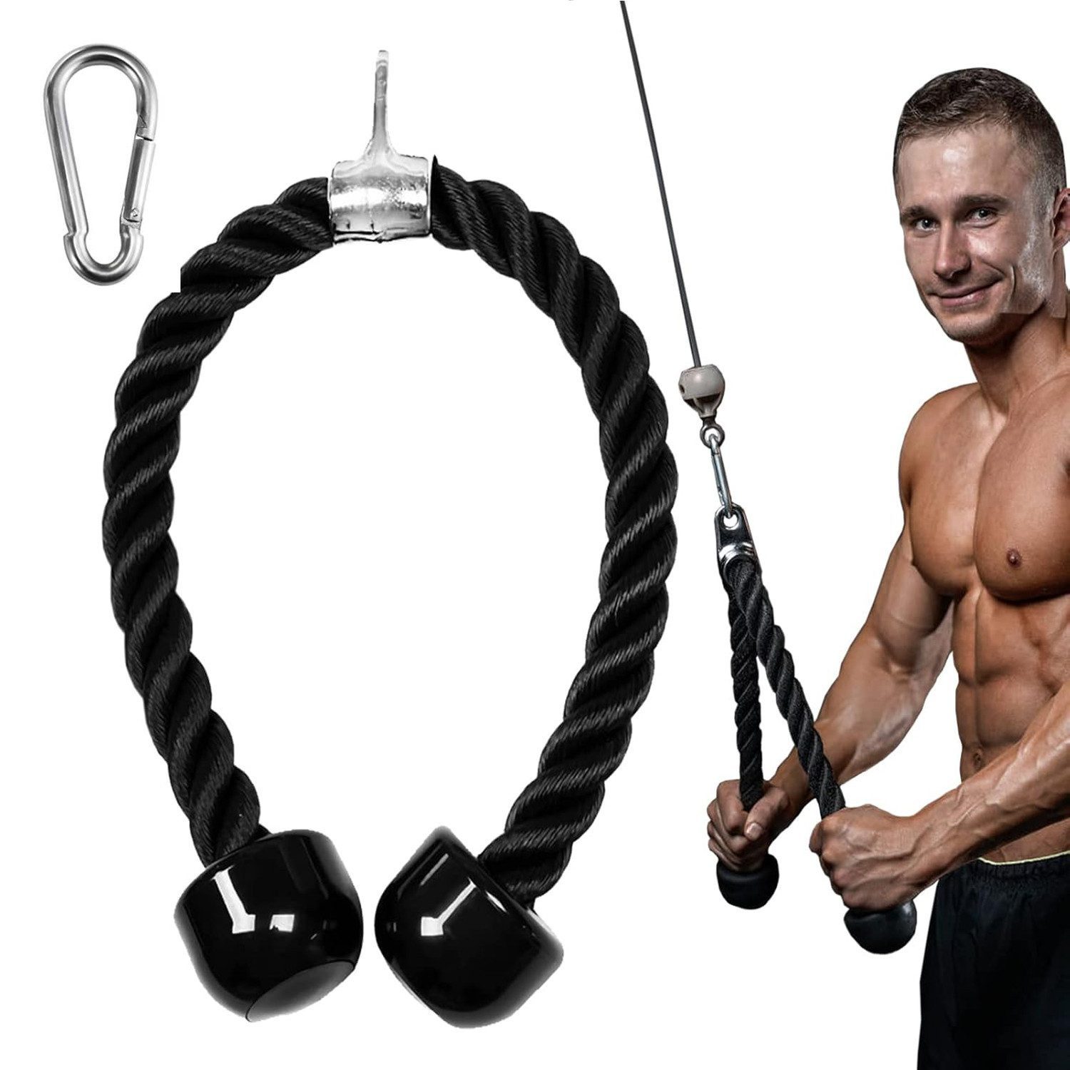 Keyura Handmuskeltrainer Kabelzuggriff 70 cm, Trizepsseil mit Drehgelenk bis 150 kg Belastbar (haltbares dickes Nylongewebe mit Gummistopfen und Metallteilen, bequemes Seil mit Haken aus rostfreiem Stahl, keine Verzahnung), 1×Trizepsseil, 1×Edelstahl-Karabiner, 1×Netz-Aufbewahrungstasche