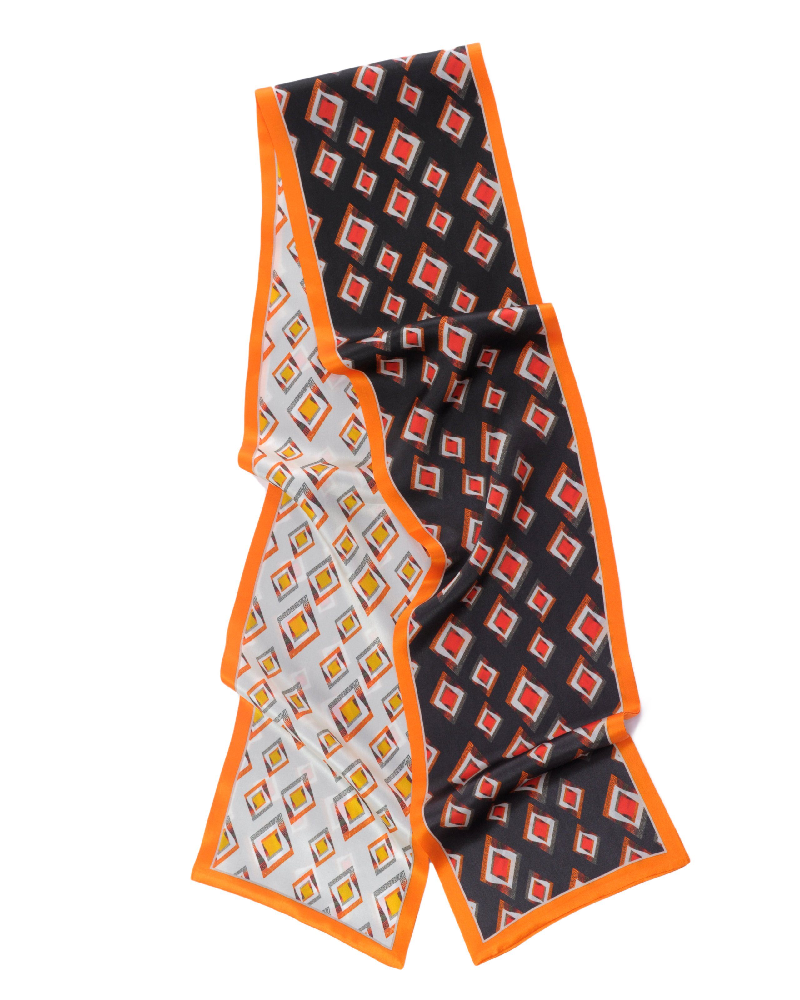 MayTree Seidentuch schmal, Rautenmuster weiss, schwarz, orange 16 x 145 cm, Sommerschal, (Stück), 100% Seide