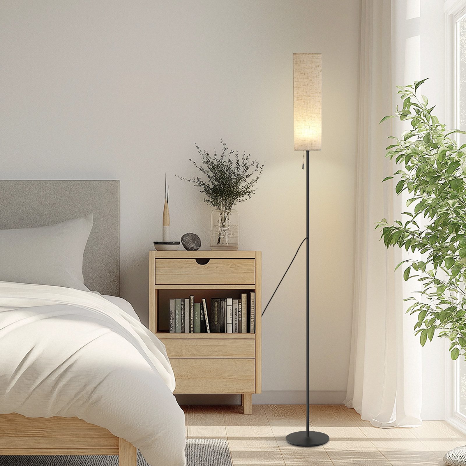 Nettlife LED Stehlampe Dimmbar Vintage Beige Lampenschirm 151CM Stehleuchte, mit Seilzugschalter, LED fest integriert, Farbwechsler, für Wohnzimmer Schlafzimmer Büro Arbeitszimmer