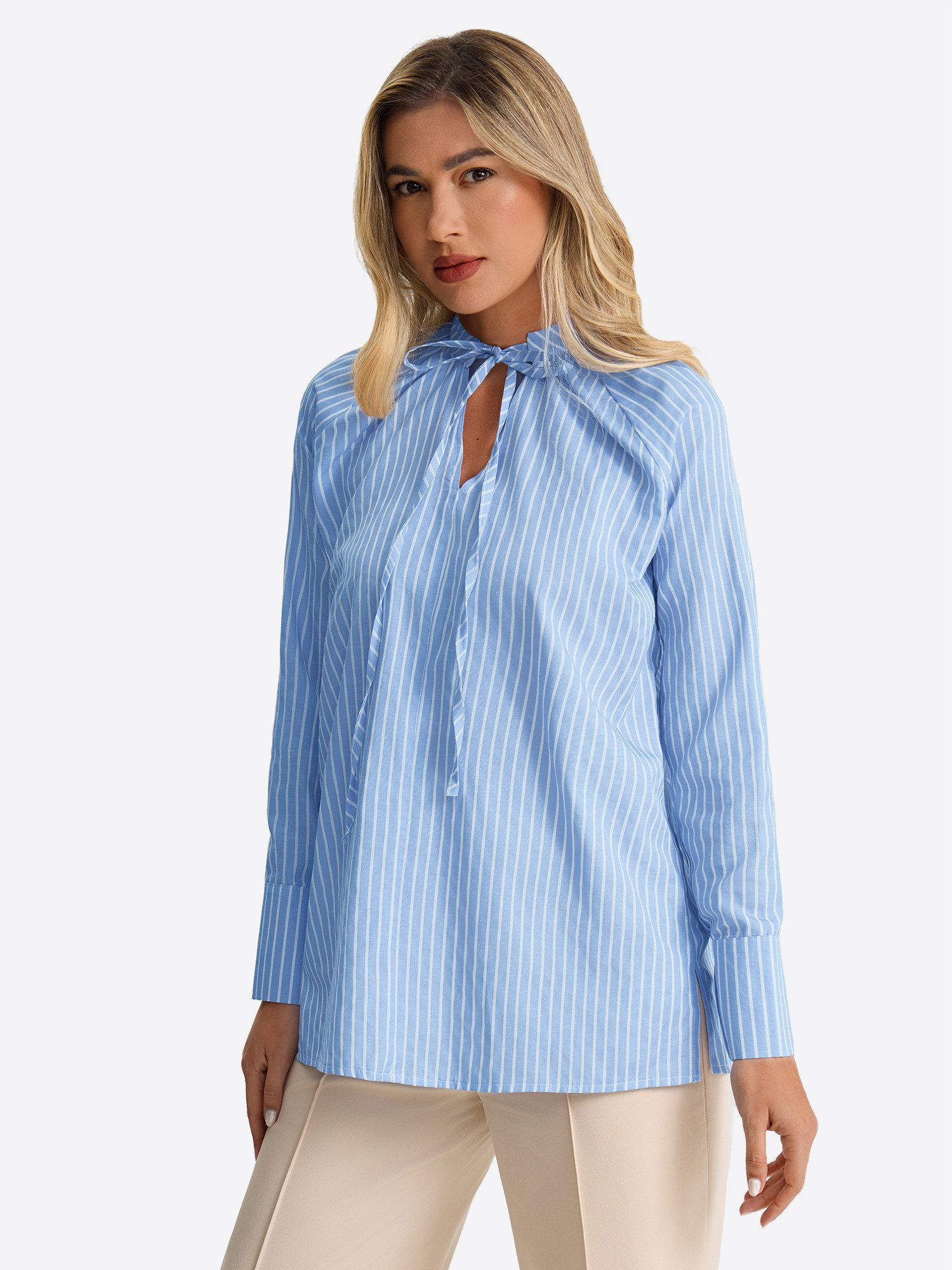 Imily Bela Blusentop Damen Langarm Bluse mit gebundenem Kragen und Streifenmuster (Packung, 1-tlg., 1per-Pack) Raglanärmel
