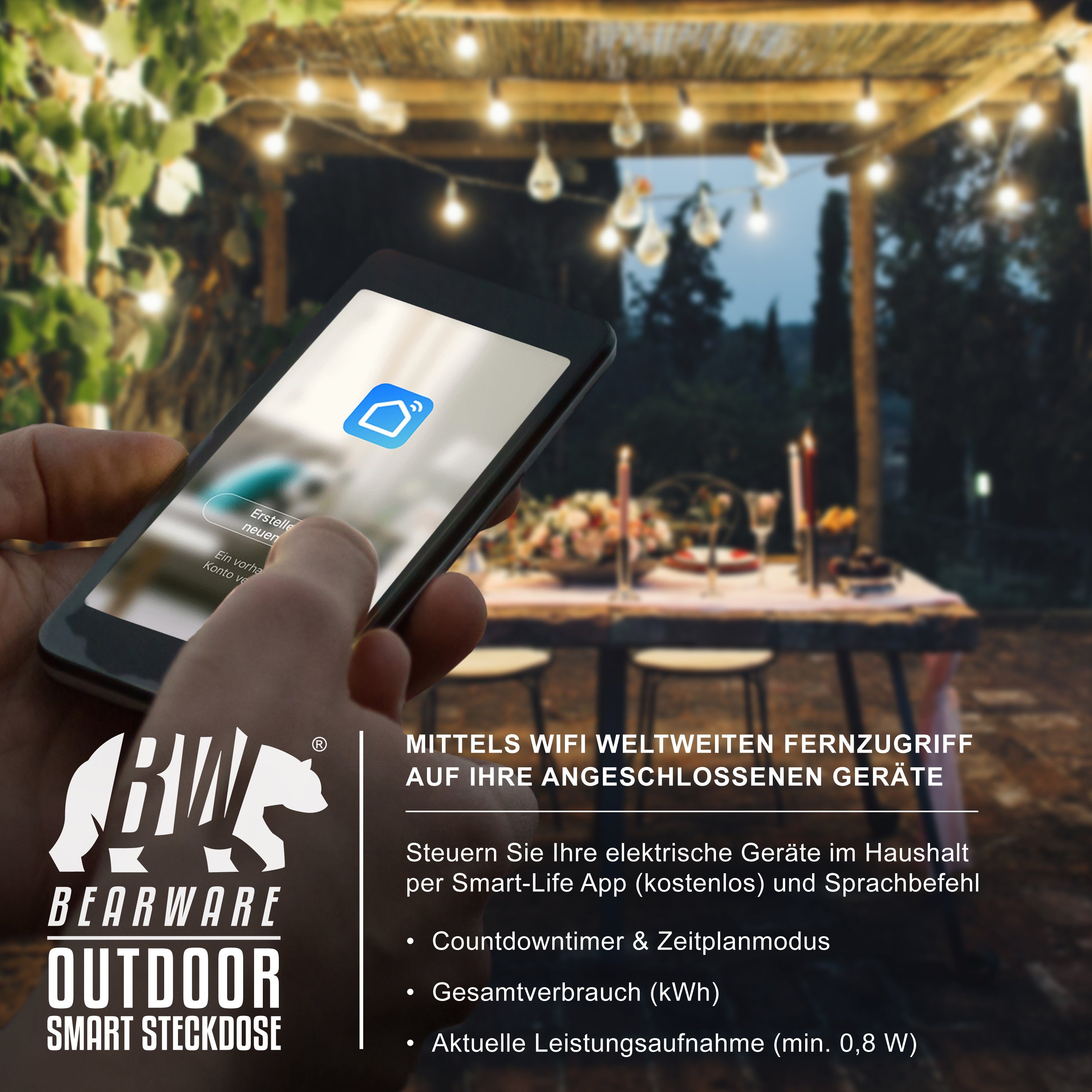 Outdoor BEARWARE Smart schaltbar WLAN-Steckdose, Außenbereich für Socket WIFI den