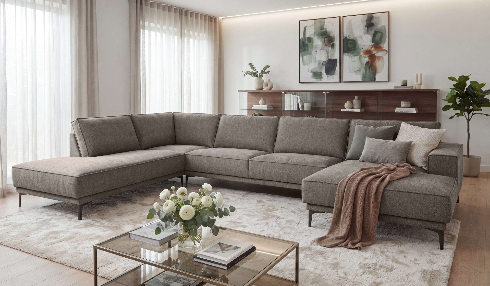 OTTO home Wohnlandschaft XXL Sofa Oland mit modernem Chenille-Bezug, U-Form, 345 cm, Wellenunterfederung, Skandi-Design, Metallfüße