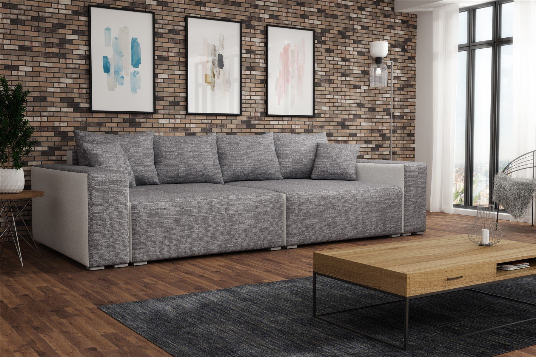 Fun Möbel Big-Sofa Big Sofa Couchgarnitur REGGIO Megasofa mit Schlaffunktion, 1 Teile, mit Schlaffunktion und Bettkästen, inkl. Rückenkissen und Zierkissen Weiss-Grau