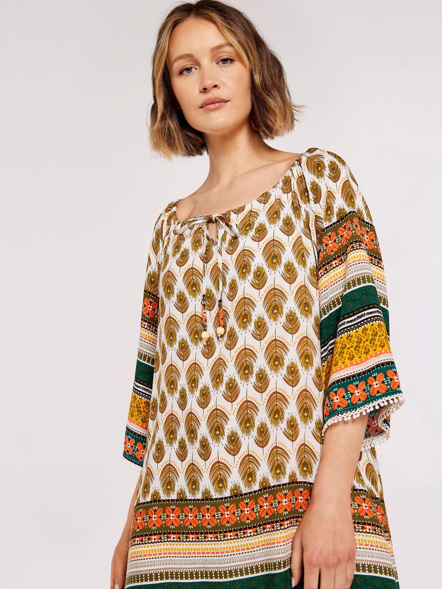 Apricot Druckkleid Feather Border Crochet Trim Dress (1-tlg) mit tollem Dru günstig online kaufen