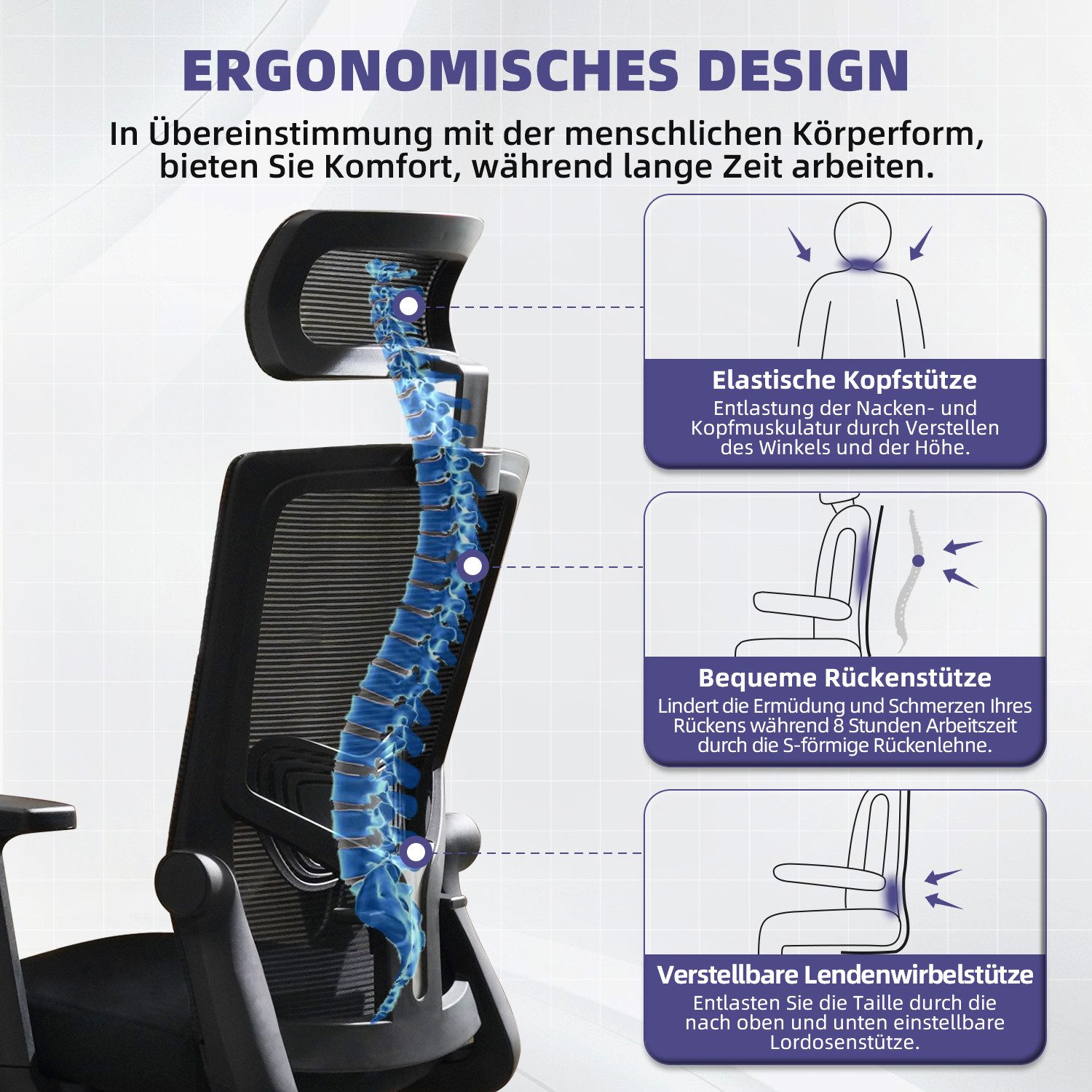Adormii Bürostuhl Bürostuhl mit Gerauschlose Gummirollen,Ergonomischer Bürostuhl (Drehstuhl 360° mit Verstellbarer Kopfstütze, verstellbarer Lendenwirbelstütze  – Bild 3 von 5