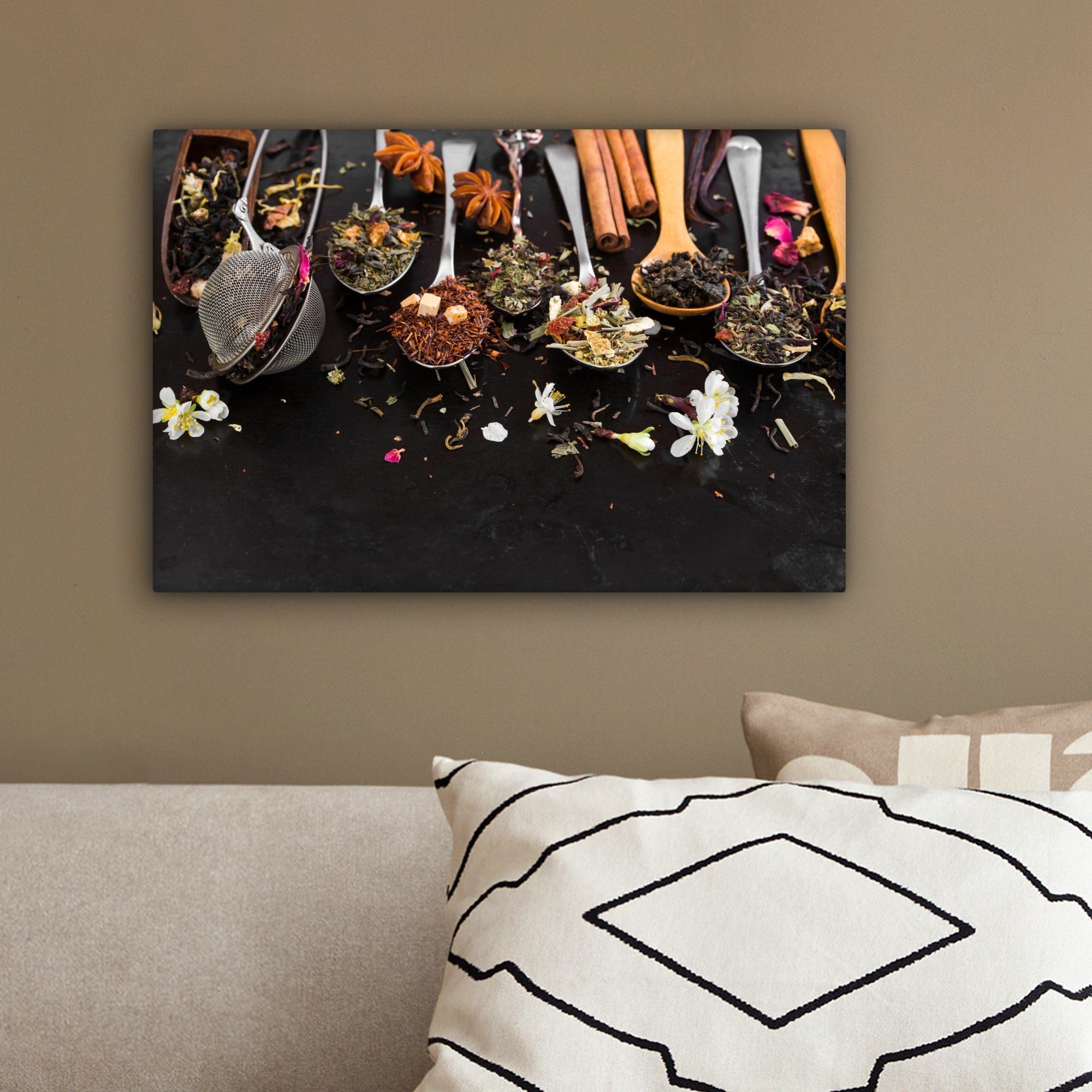 OneMillionCanvasses® Leinwandbild Tee - Kräuter Aufhängefertig, 30x20 - Wandbild Leinwandbilder, cm (1 Wanddeko, St), Zimt