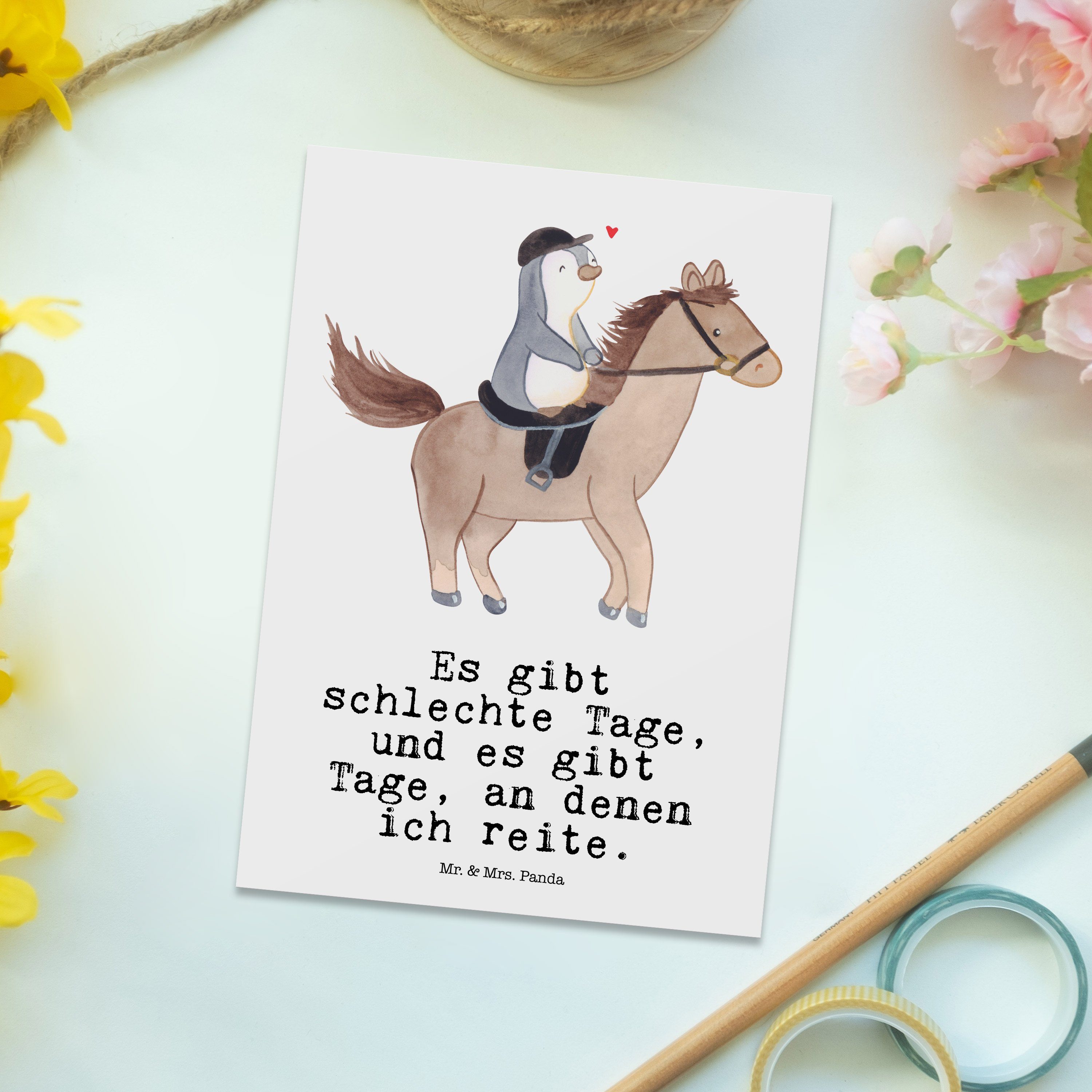 Geschenk, Dankeskarte, Reiten Mrs. Tage - Ansichtskart Weiß Mr. Pferd - Hobby, Panda Postkarte &