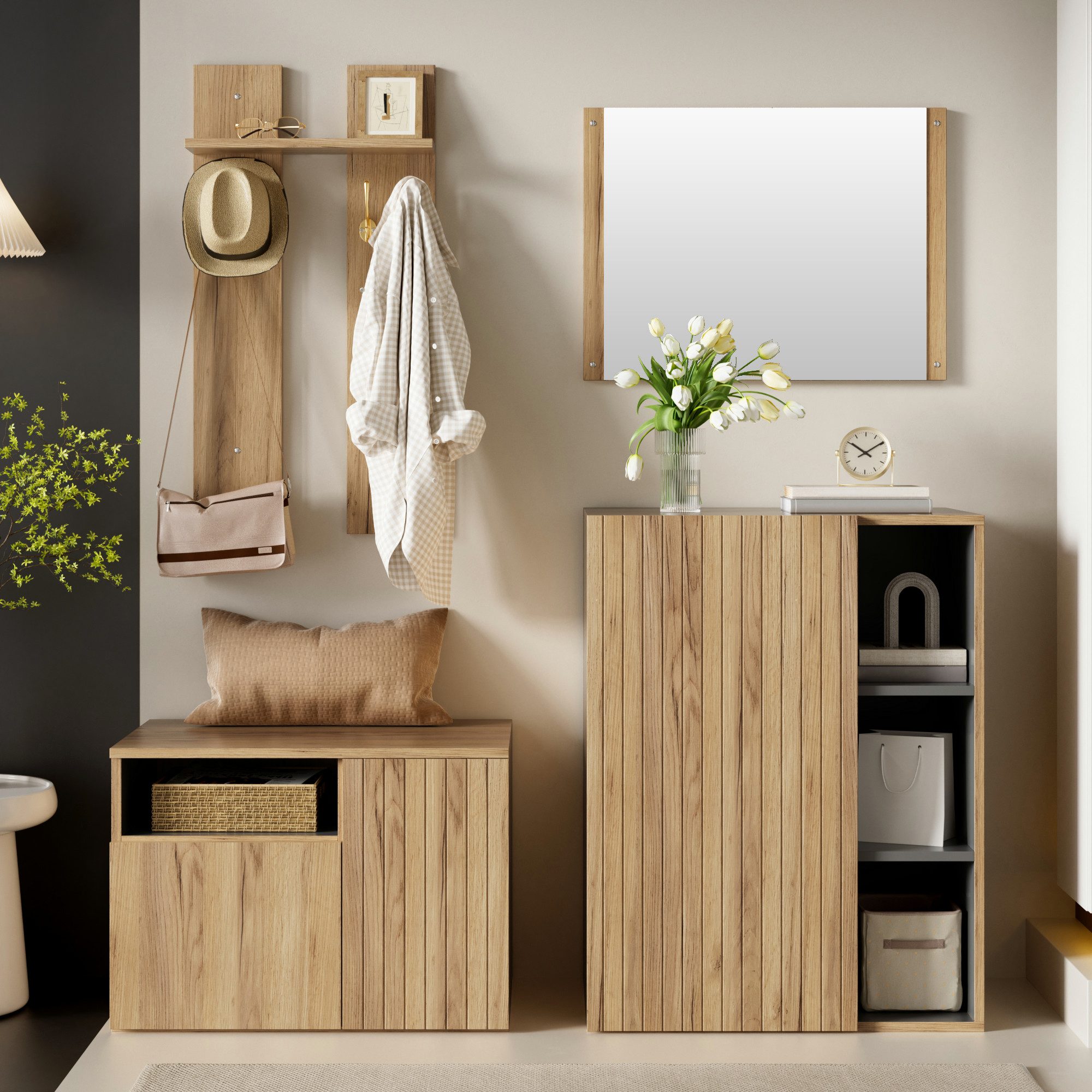 Flieks Garderoben-Set 4-teilig Kompaktgarderobe Flurmöbel-Set Holzoptik Natur&Schwarz, (4-St), Garderobenständer Spiegel Kleiderhaken Schuhschrank Schuhbank