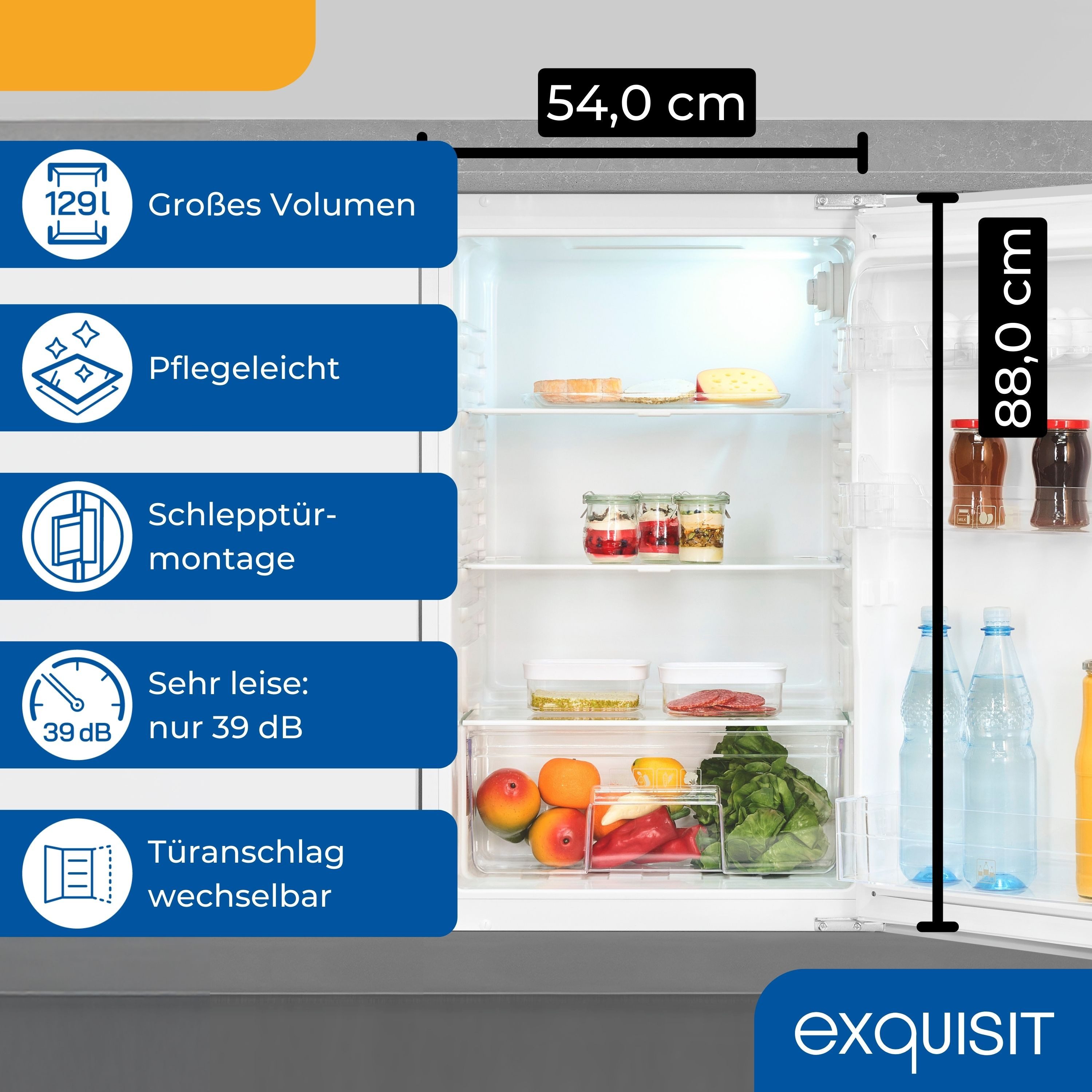exquisit Einbaukühlschrank EKS5131-V-040E, 88 cm hoch, 54 cm breit, LED-Innenbeleuchtung, Schlepptürmontage