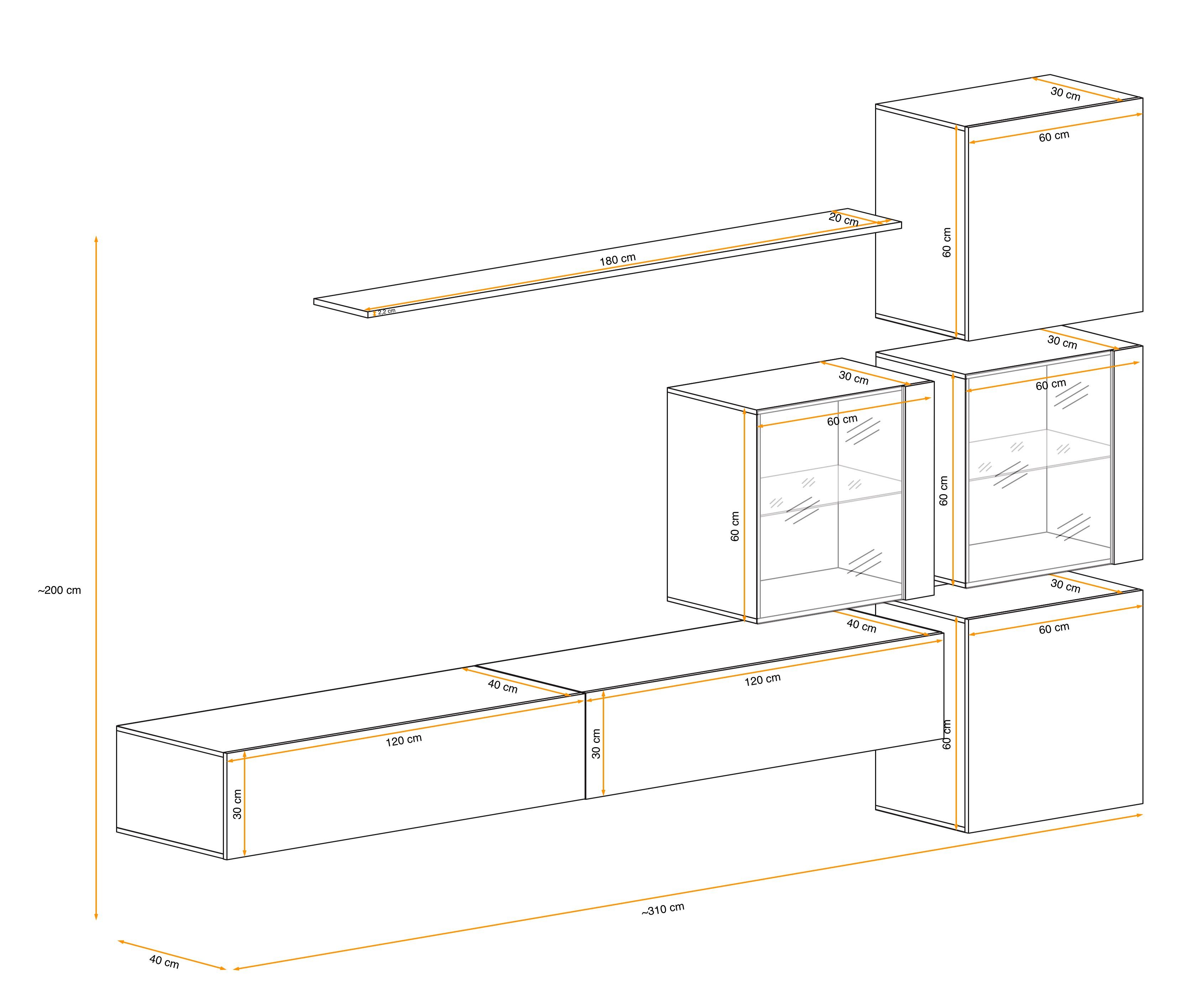4×Wandschrank, Wohnwand XIX Wohnzimmer-Set), (Set Swotch - (7 aus Wotan Stylefy St), Weiß bestehend 1×Wandboard, hängend 2×Lowboard, L, Eiche