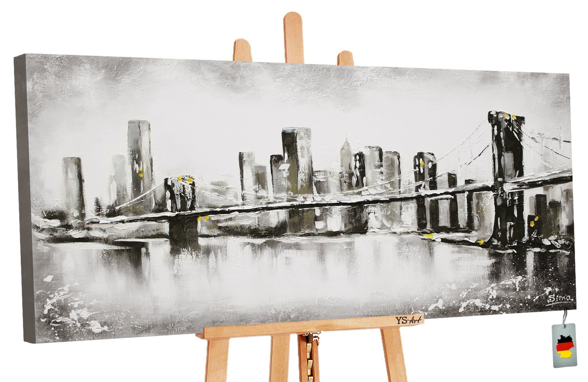 YS-Art Gemälde Großstadt, Städte, Leinwand Bild Handgemalt Schwarz Weiß Großstadt Brücke