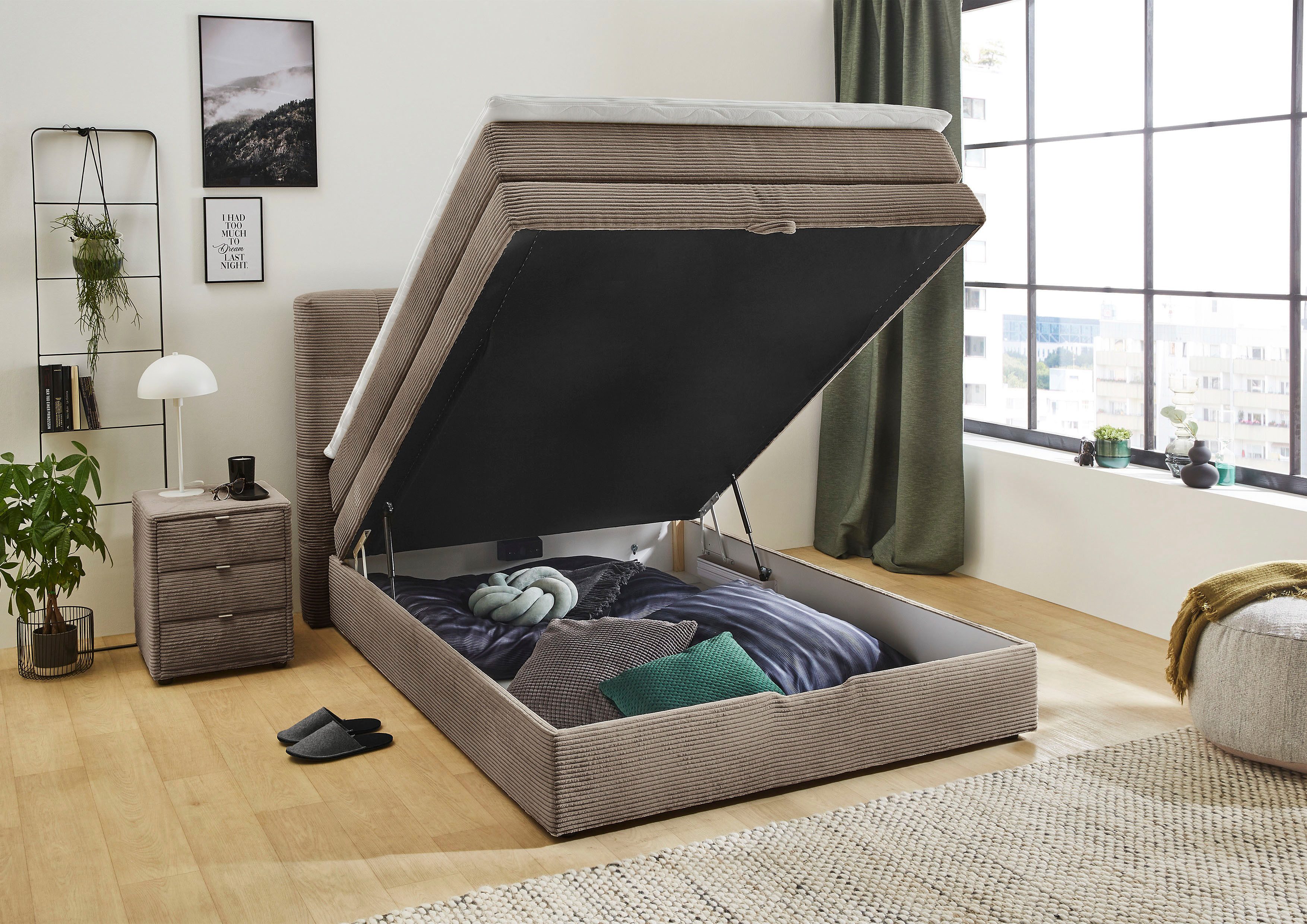 Jockenhöfer Gruppe Boxspringbett AMY in Cord, erhältlich in den Breiten 120cm & 140cm, mit Bettkasten und Topper