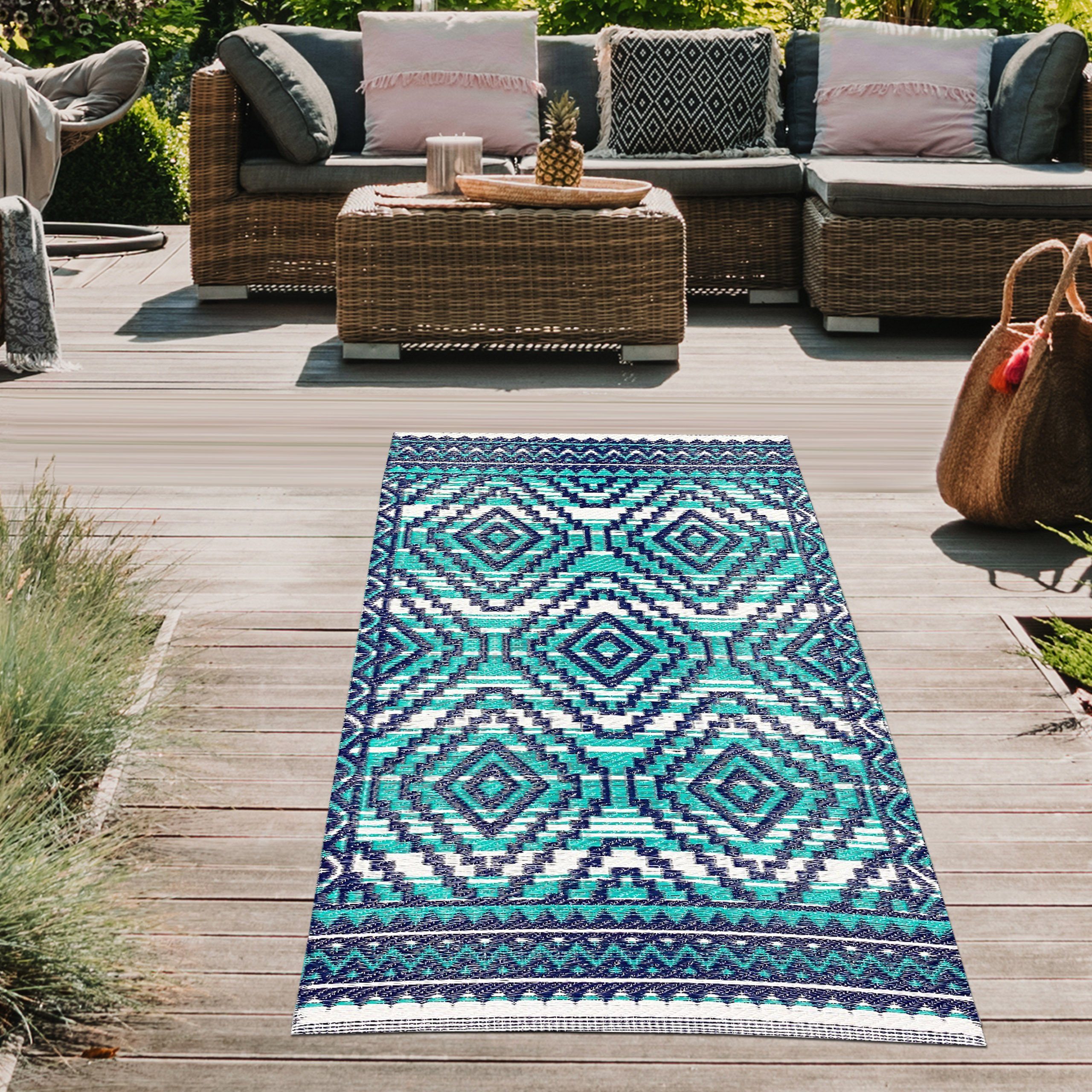 Teppich Strapazierfähiger Azteken-Teppich für Outdoor Teppich-Traum, türkis blau, in rechteckig