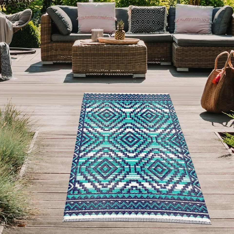 Teppich Strapazierfähiger Azteken-Teppich für Outdoor blau, Teppich-Traum, in türkis rechteckig