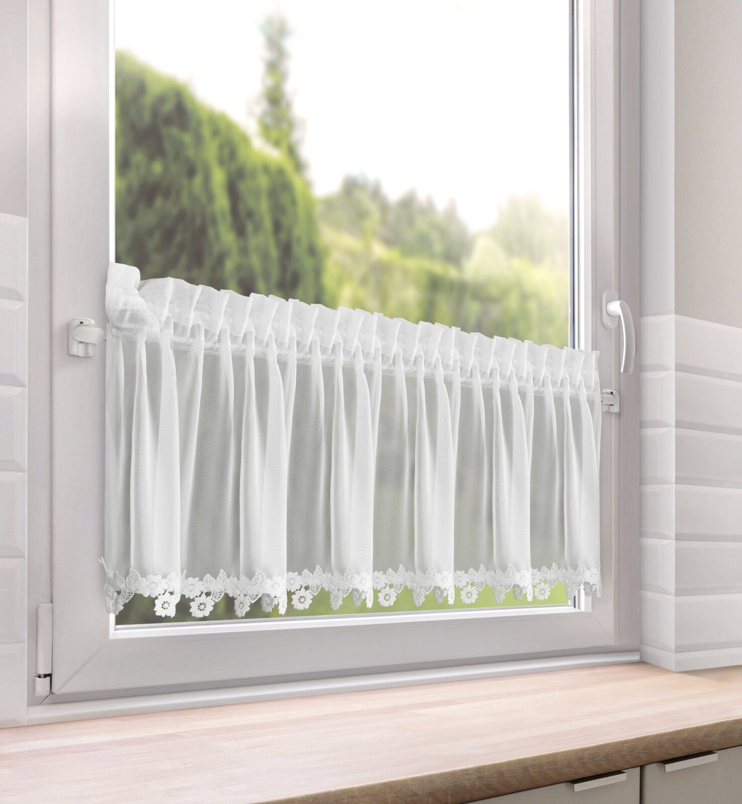 Eurofirany Scheibengardine Fertiggardine mit Blumenborte – schneeweiß, Kräuselband