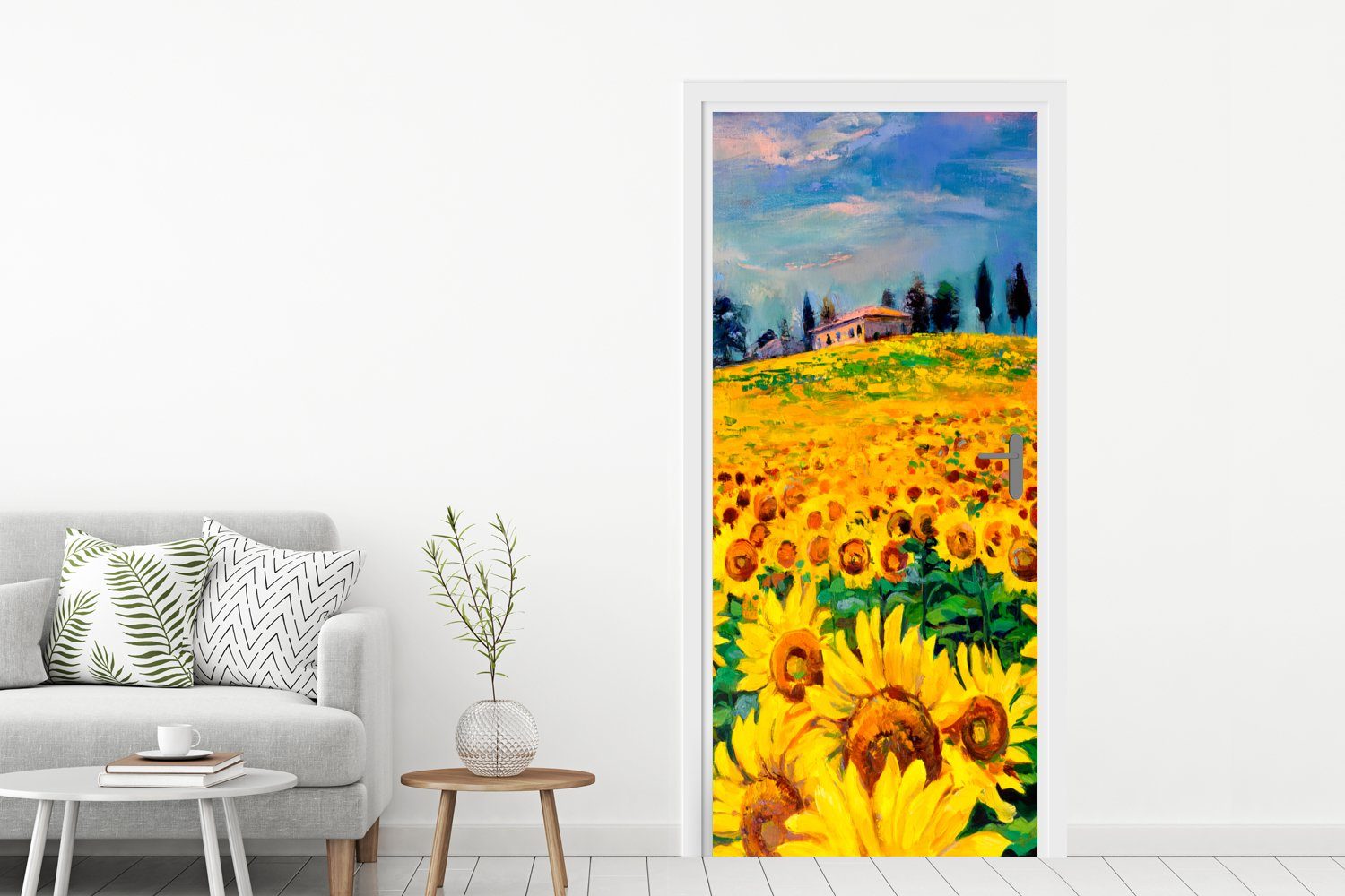 Türtapete Sonnenblume, - MuchoWow Tür, bedruckt, Türaufkleber, - St), (1 Gemälde Matt, cm - für Blumen Fototapete Ölfarbe 75x205