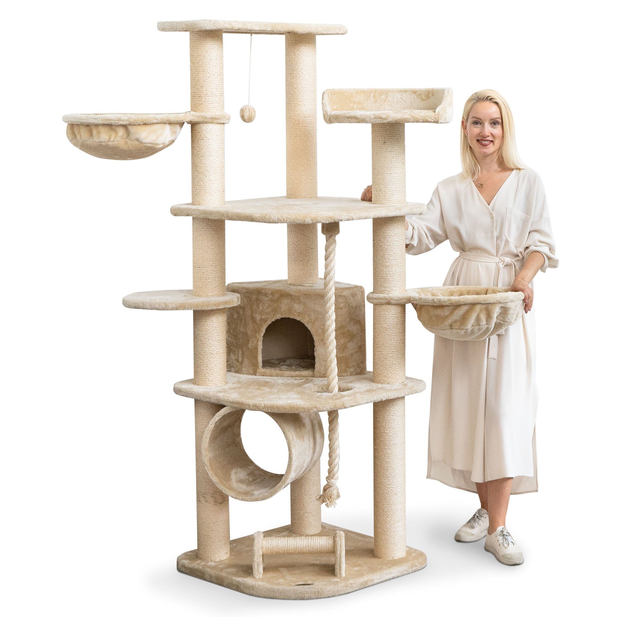 Happypet Kratzbaum, Gesamthöhe: ca. 181 cm, Haus: 30 x 34 x 34 cm, Spieltau: 92 cm Lang von Happypet