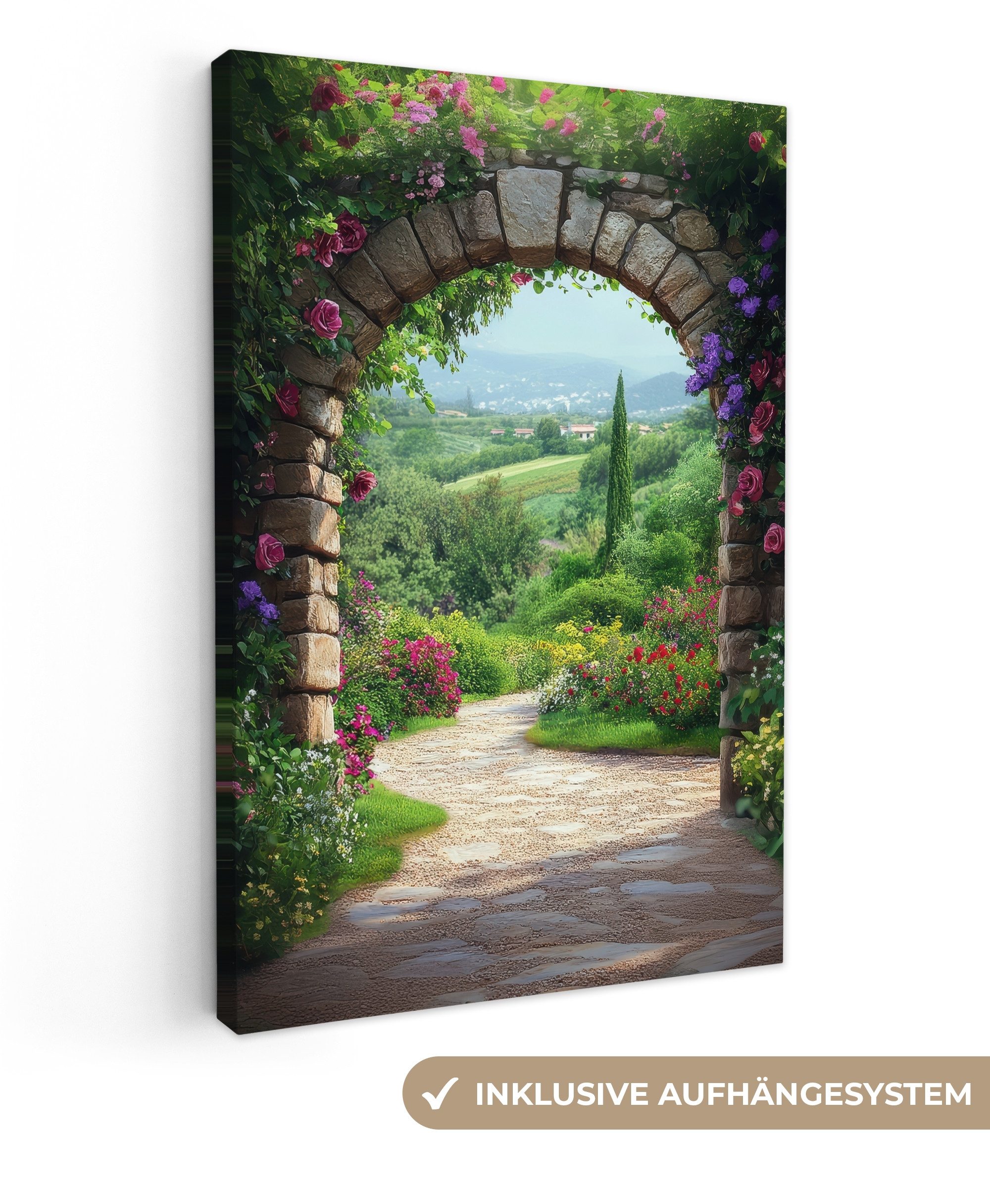 OneMillionCanvasses® Leinwandbild Durchblick - Landschaft - Blumen - Weg - Aussicht, Fotodruck (1 St), Leinwand Canvas Wandbild, Wanddekoration 20x30 cm
