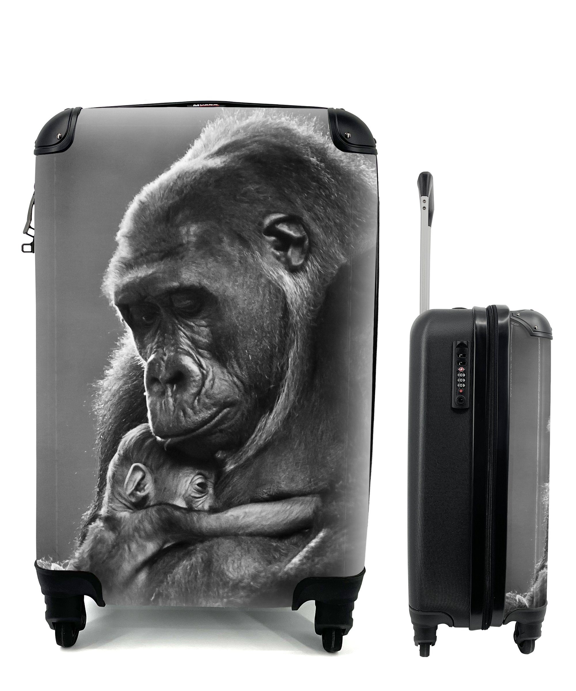 MuchoWow Handgepäckkoffer Schwarz-Weiß-Bild einer Gorillamutter mit ihrem neugeborenen Baby, 4 Rollen, Reisetasche mit rollen, Handgepäck für Ferien, Trolley, Reisekoffer