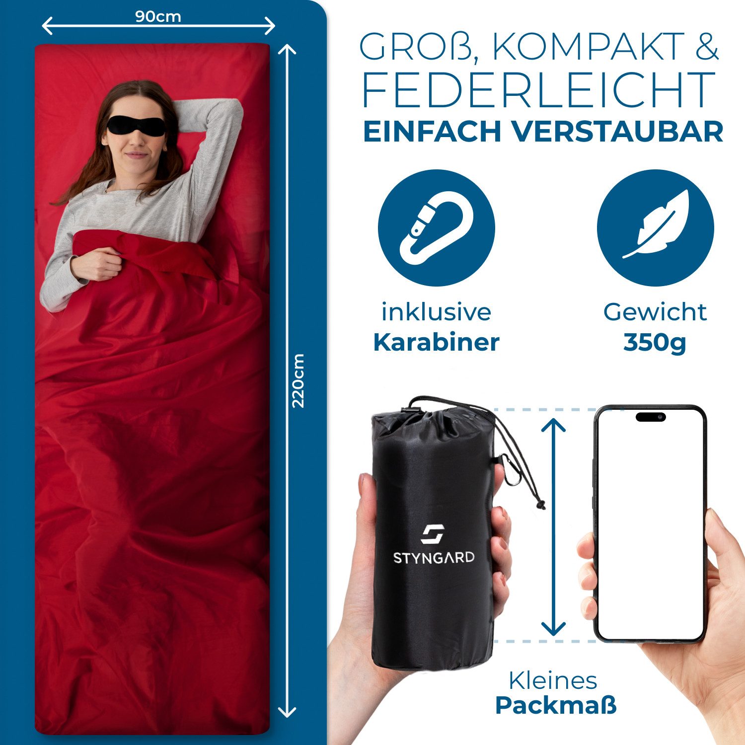 Styngard Schlafsackinlett Hüttenschlafsack Baumwolle Ultraleicht [350g] - kleines Packmaß, 100% Baumwolle, Warm und Leicht