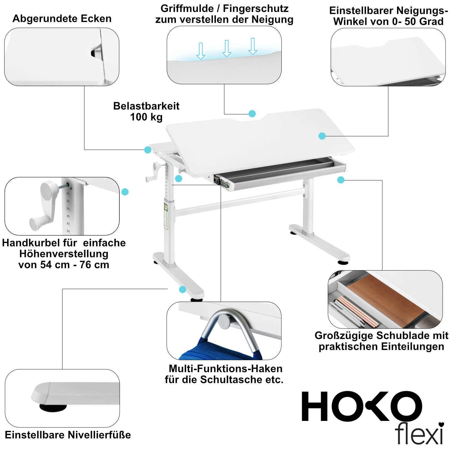 HOKO Kinderschreibtisch höhenverstellbar für Kinder ab 6 Jahren (Tisch-Stuhl-Set, mit Kinderstuhl, 100x40 cm neigbarer Tischplatte und Schublade), 100x60 cm Schreibtisch, für Schüler ab 125 cm, Weiß/Grün, JANA & LEVI