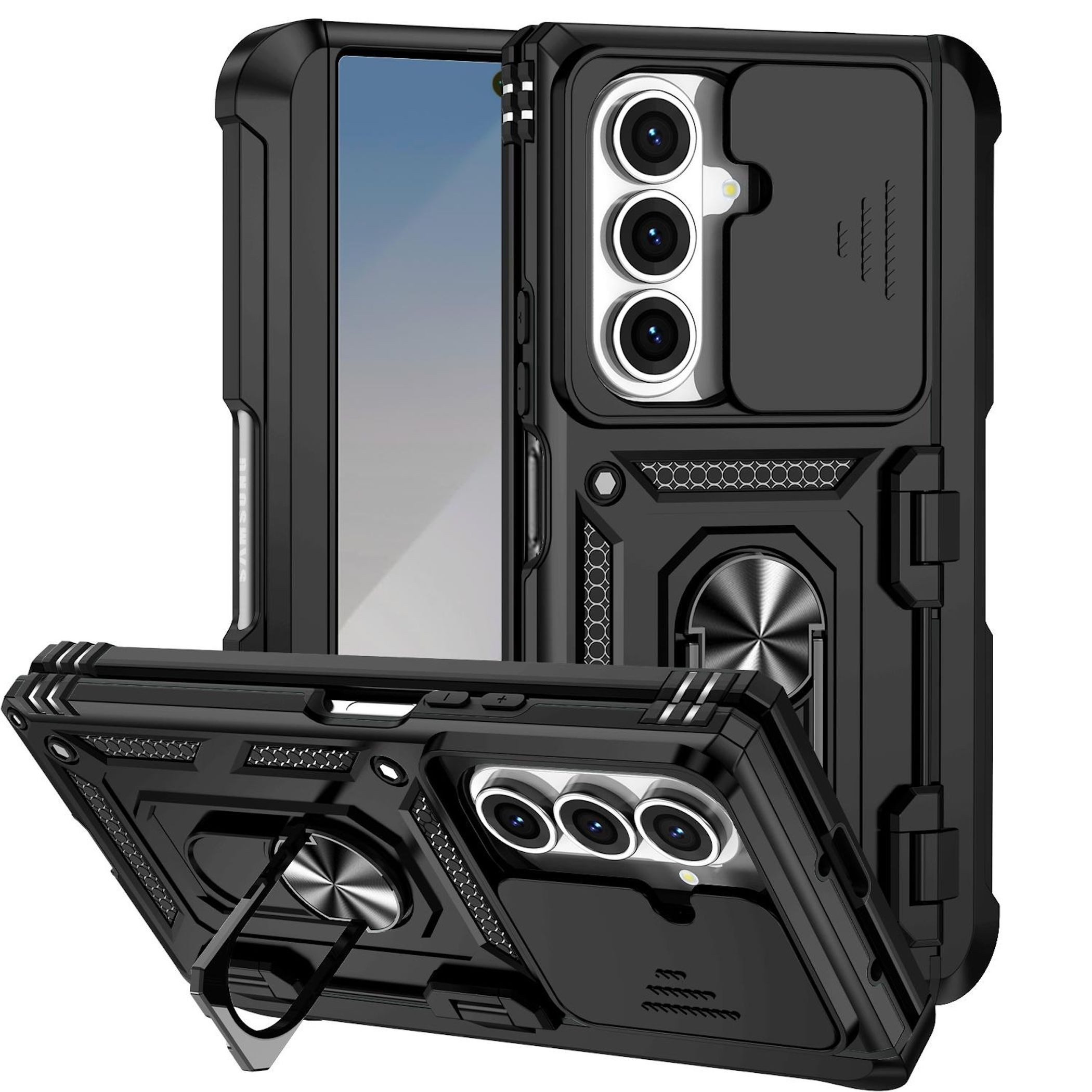Wigento Handyhülle Für Samsung Galaxy Z Fold7 5G Sliding Kamera TPU PC Ring Hülle Schwarz, Schiebecover, stoßfest, mit Halterung