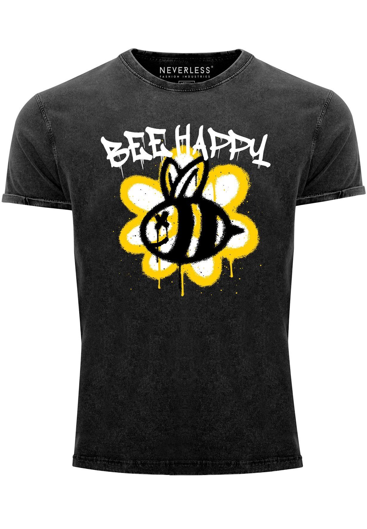 Neverless Print-Shirt Herren Vintage-Shirt Aufdruck Graffiti Print mit Bee Schriftzu schwarz Biene Happy Blume