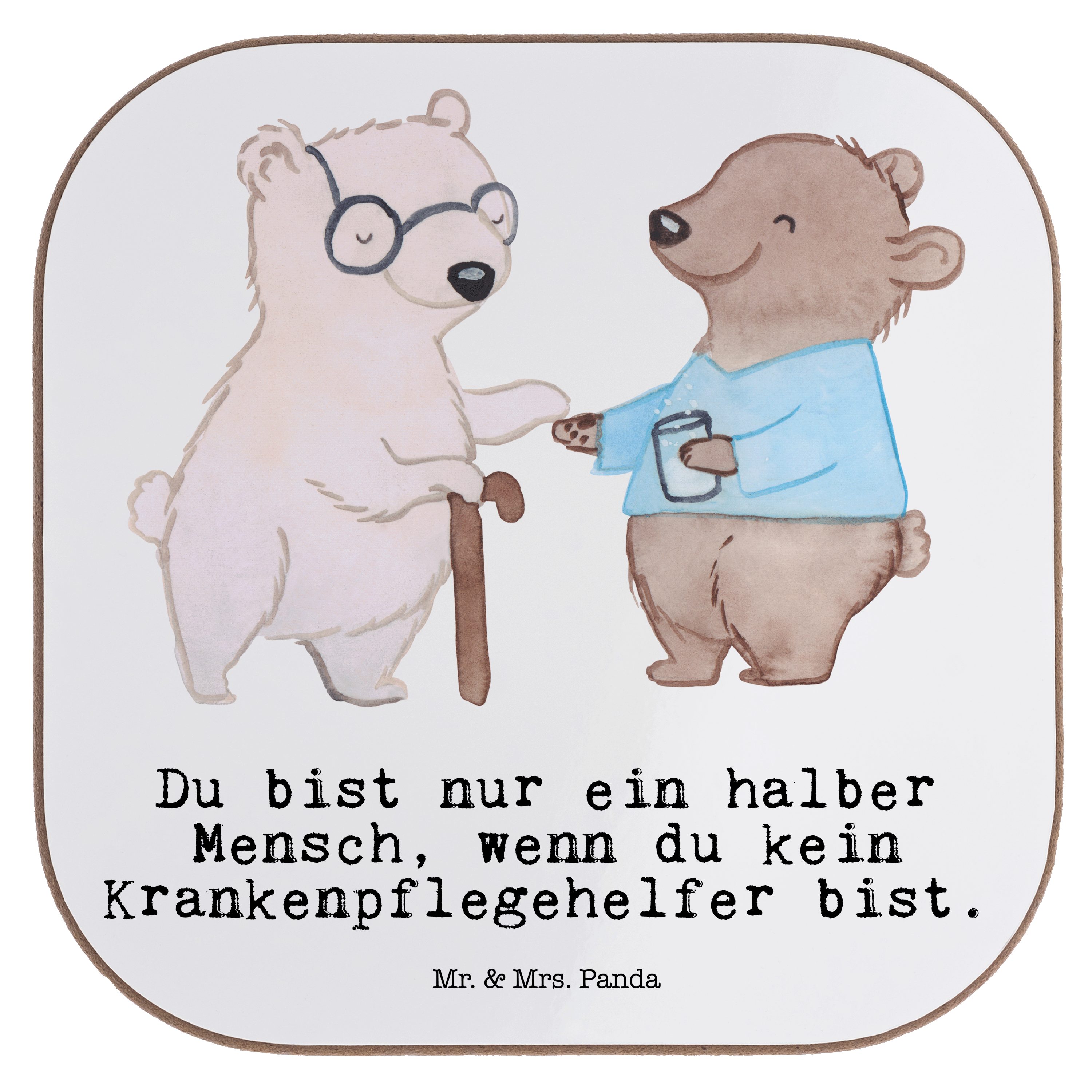 Mr. & Mrs. Panda Getränkeuntersetzer Krankenpflegehelfer mit Herz - Weiß - Geschenk, Bierdeckel, Arbeitsko, 1-tlg.