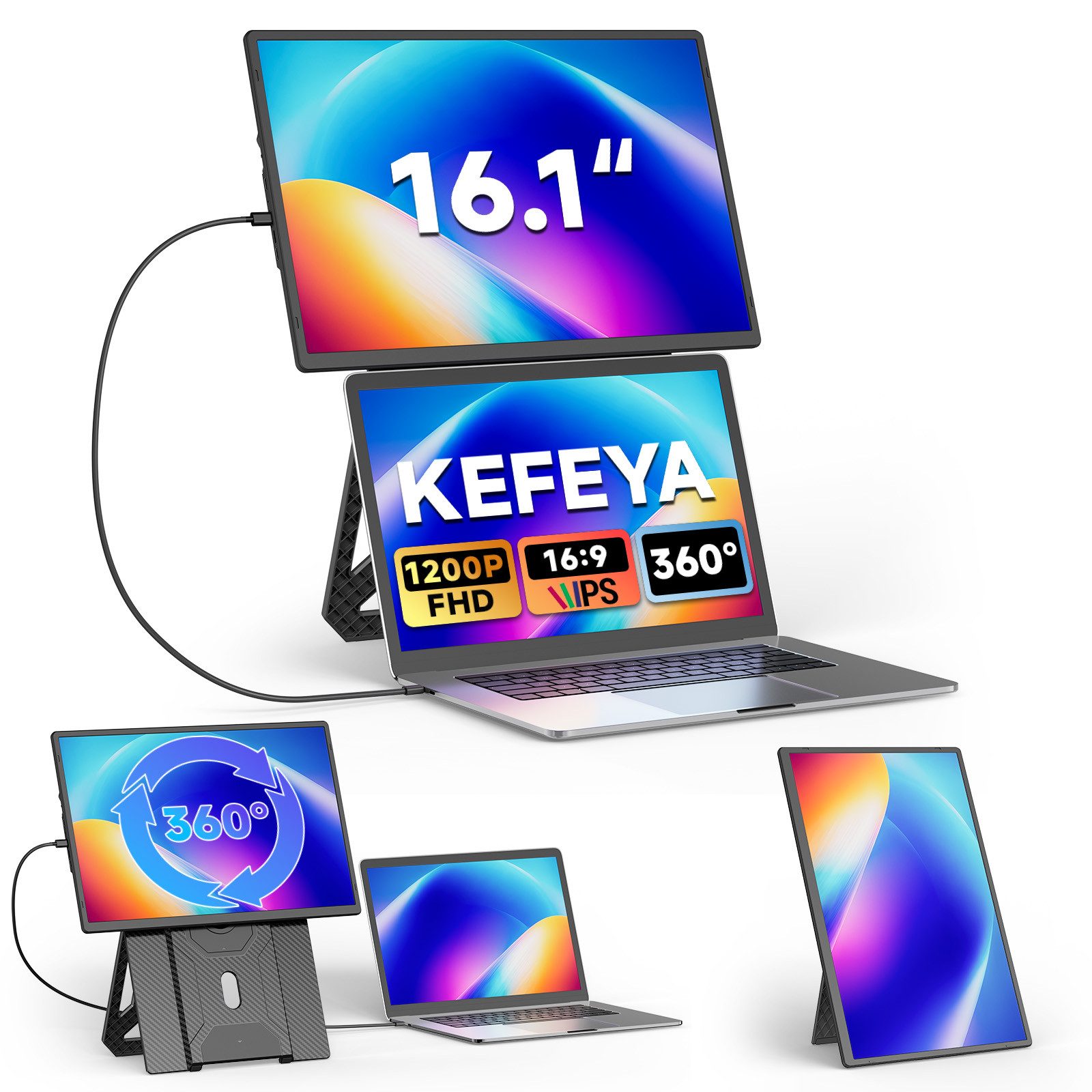KEFEYA Laptop Bildschirm Erweiterung Laptop-Bildschirm-Extender Dual Display Portabler Monitor (36 cm/16 ", 1920 × 1200 px, Full HD, 60 Hz, HDR, Magnetischer & abnehmbarer Ständer, 1,27kg, für 13-17,3'' Bildschirm)