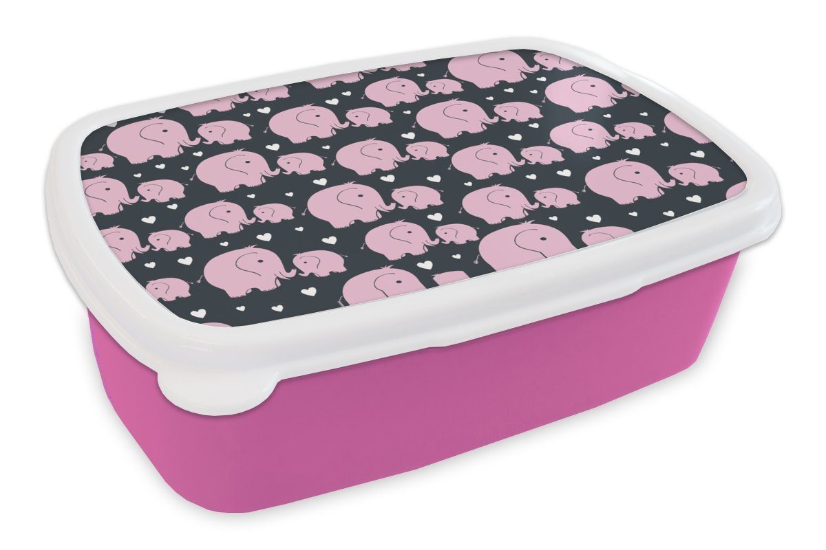 MuchoWow Lunchbox Elefant - Herz - Muster, Kunststoff, (2-tlg), Brotbox für Erwachsene, Brotdose Kinder, Snackbox, Mädchen, Kunststoff rosa