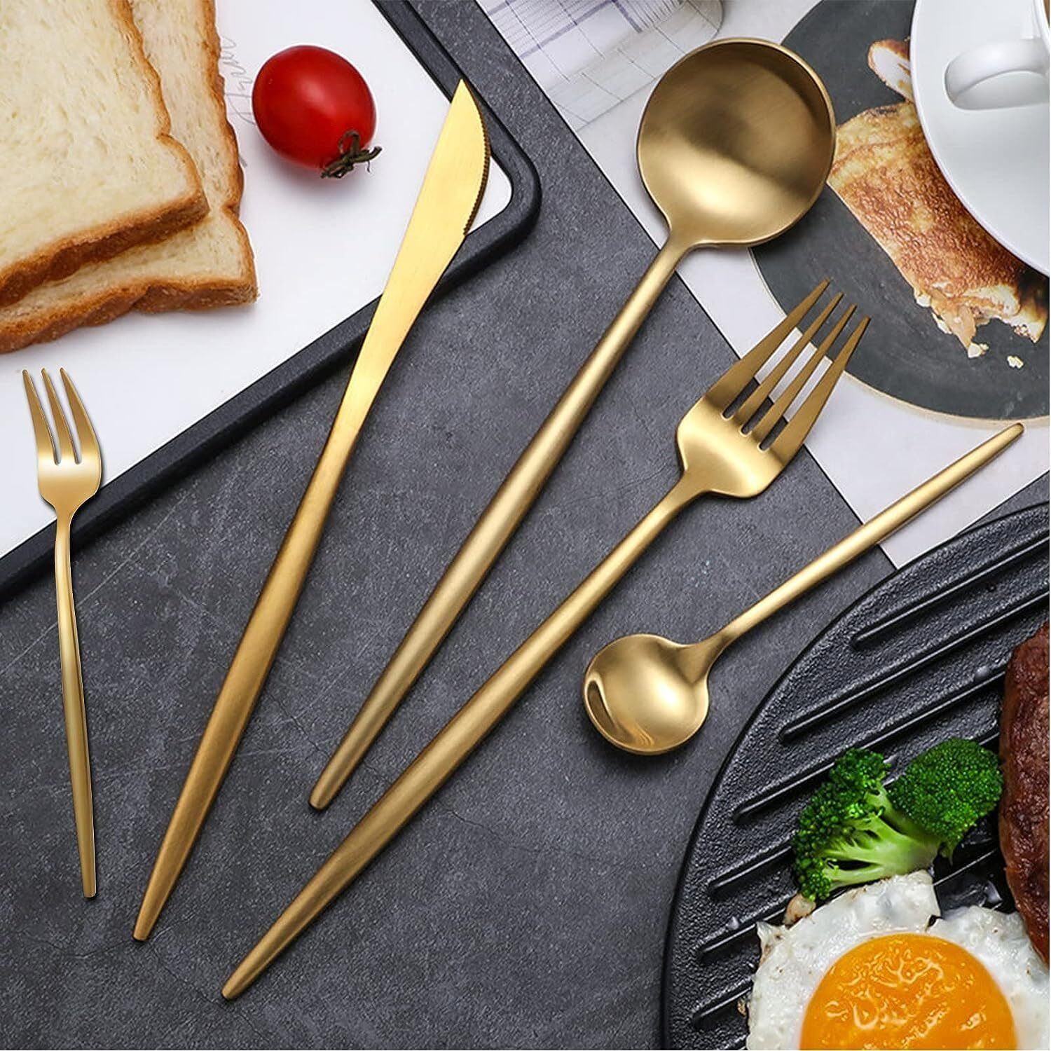 KingLux Besteck-Set 60 Gold Edelstahl mit Löffel Messer Essbesteck Gabel teilig Set