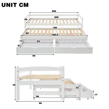 Ulife Massivholzbett Einzel- und Doppelbett, Tagesbett, mit Rollen unten, weiß, 200*90cm/190*90cm, mit 2 MDF-Schubladen