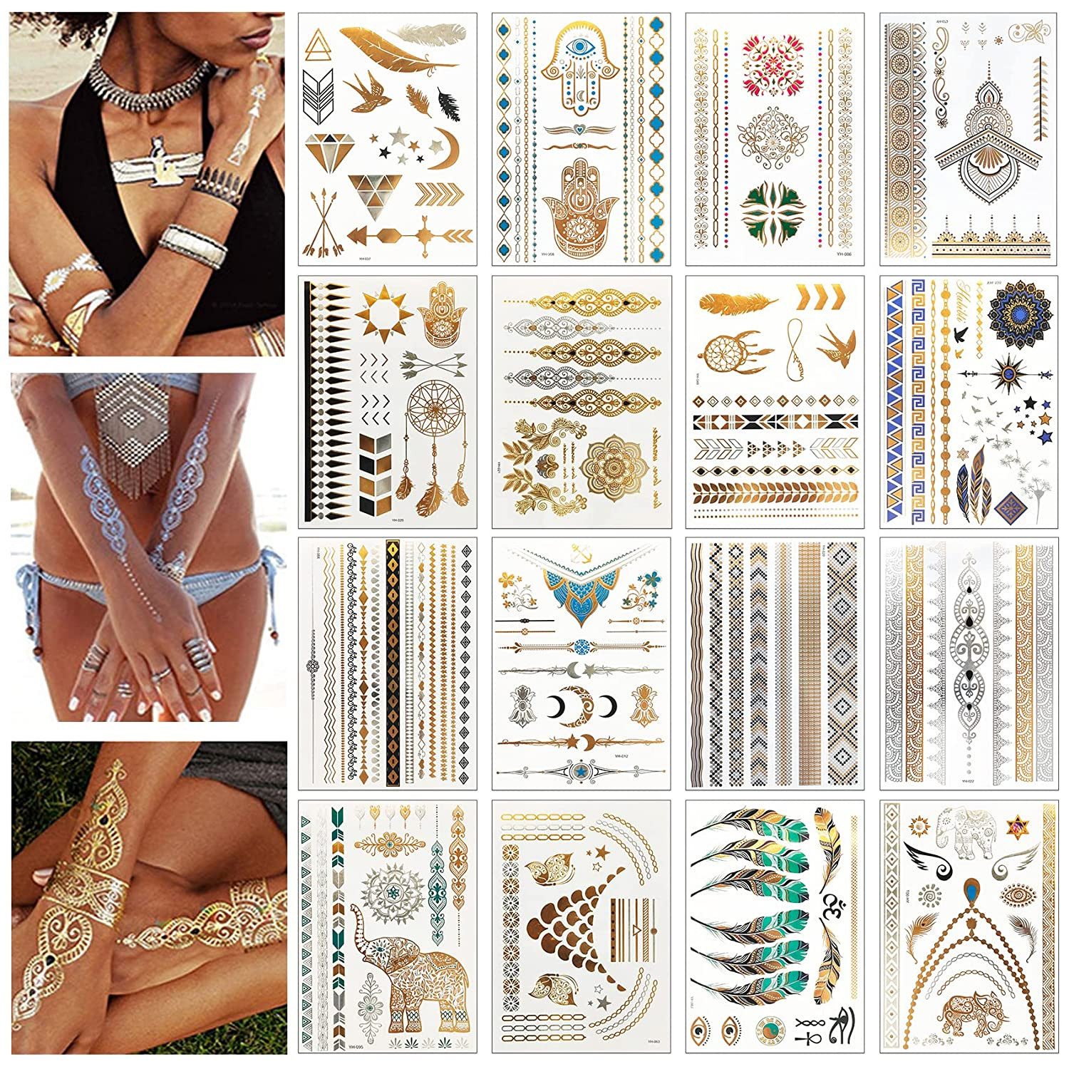 TUWENA Schmuck-Tattoo Tattoo Temporäre Metallic Flash Wasserdichte Klebetattoo 16 Blätter, 16-tlg., für Festival und Party Accessoire