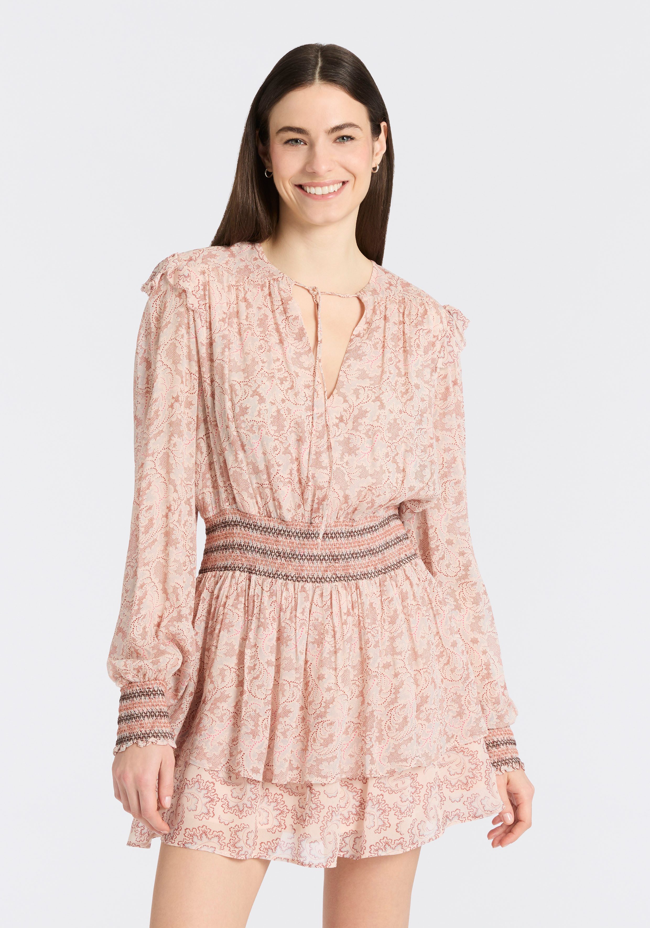 BOSS ORANGE Druckkleid Darmia Premium Damenmode mit Volants und gesmokten Details