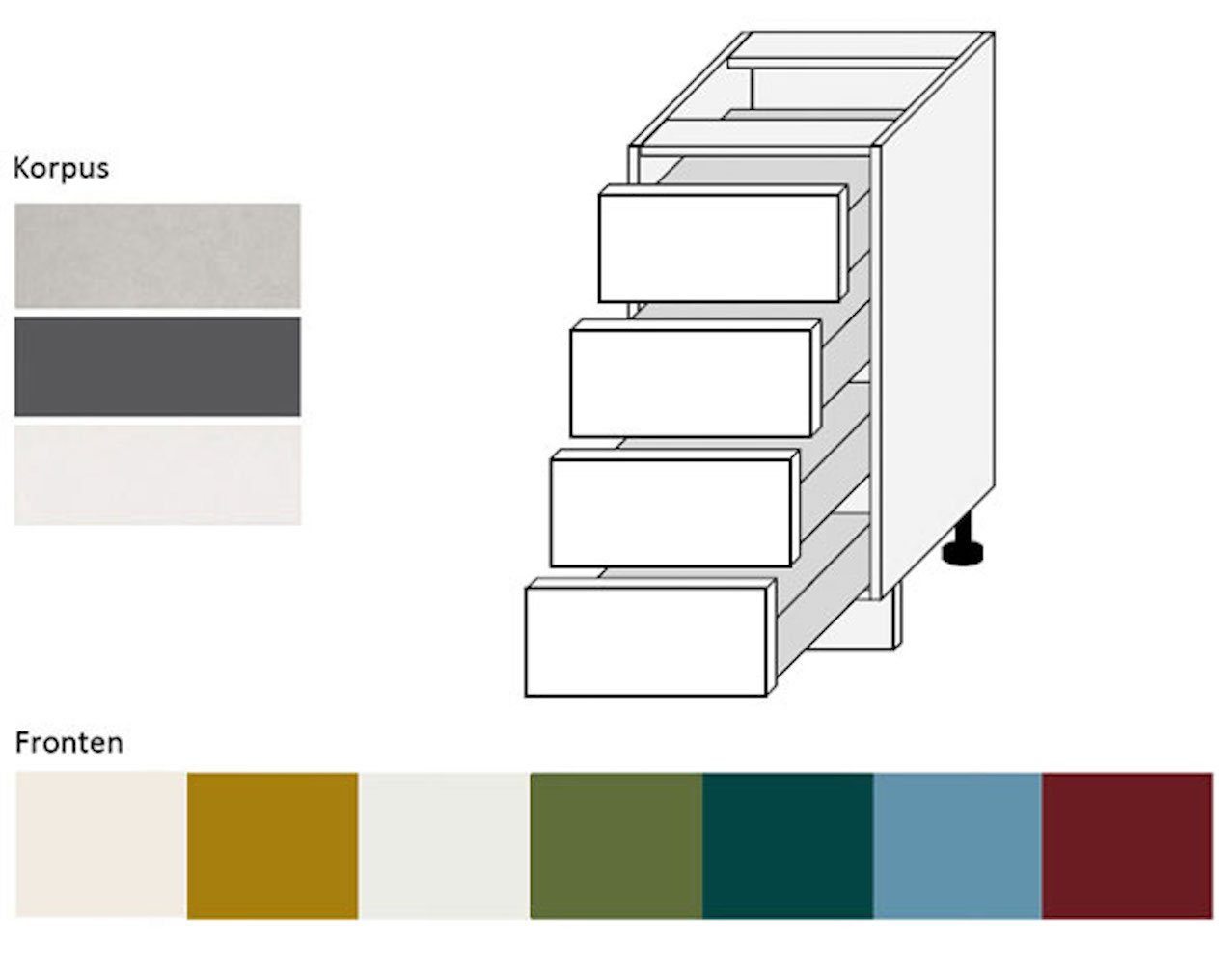 Rimini und 9003 Korpusfarbe matt Schubladen (Teilauszug) mit Unterschrank 4 (Rimini) wählbar Front- Feldmann-Wohnen 40cm RAL signalweiß