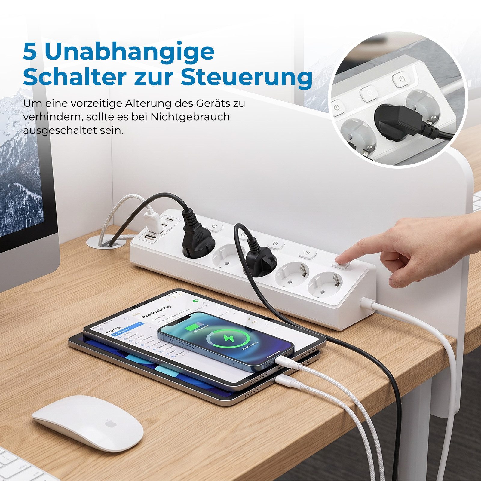 AKKEE Tischsteckdosenleiste mit 4/5/6 Steckdosen, Unabhängigem Schalter Mehrfachsteckdose (2M Verlängerungskabel für Küche, Büro, Haushalt, Kabellänge 5 m), Ste – Bild 3 von 5