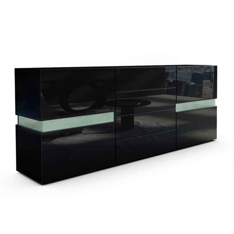 Vladon Sideboard Flow (Kommode mit Ambient Light Verglasung, mit 2 Türen, je 2 Fächer dahinter und 4 Schubladen), Schwarz matt/Schwarz Hochglanz (177 x 75 x 39 cm)