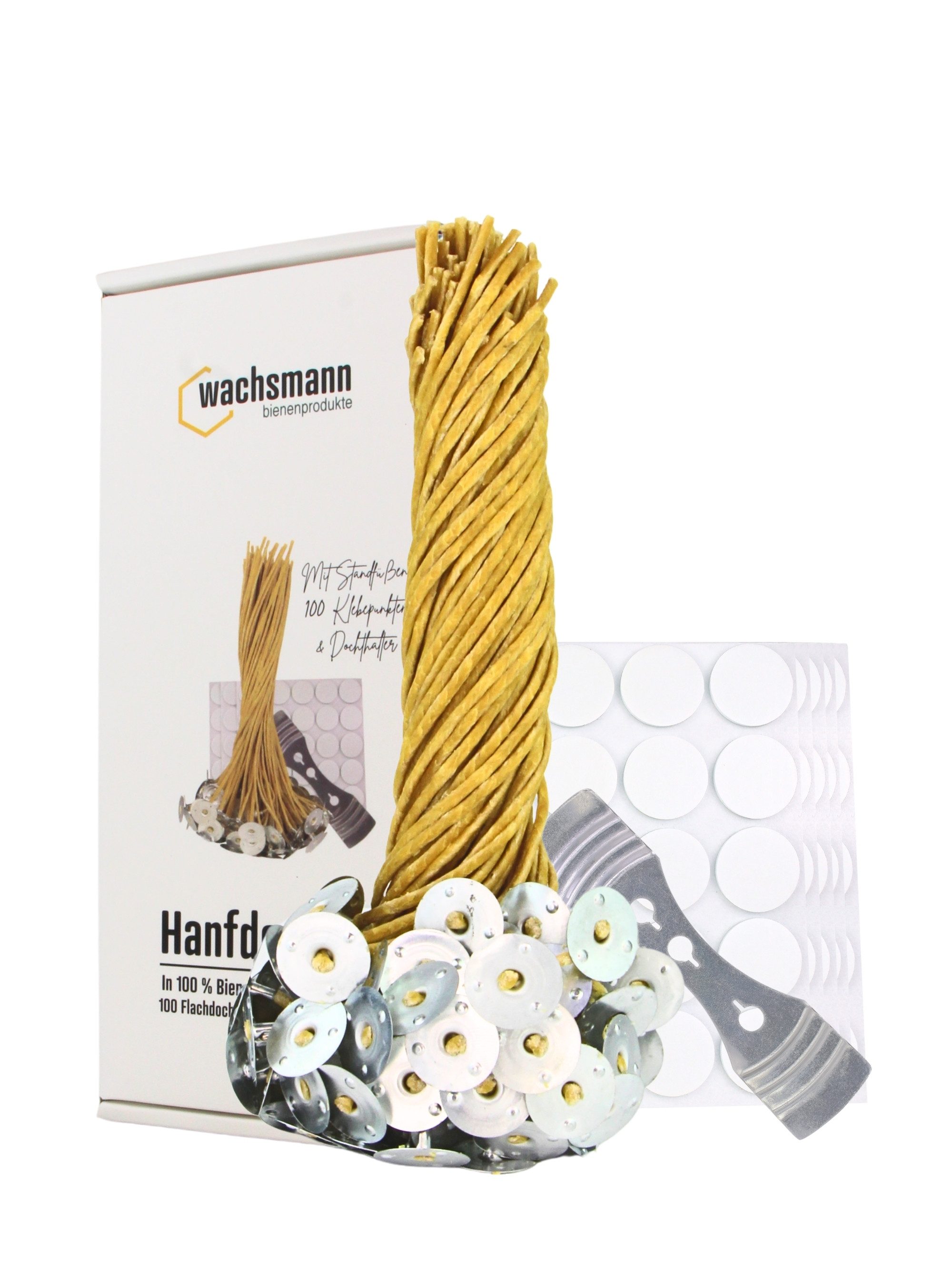 Wachsmann Bienenprodukte Bienenwachskerze 100 Kerzendochte (mit Metallfüßchen, Klebepunkten und Dochthalter), Ruhiges, rußarmes Brennen, paraffinfrei.