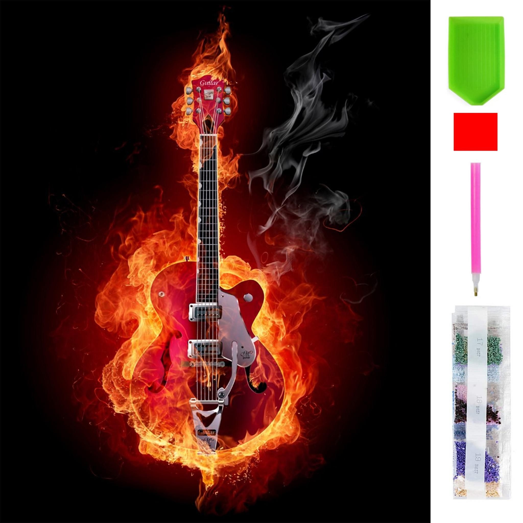 LA CUTE Malen nach Zahlen 5d Diamond Painting Brennende Gitarre Malen nach Zahlen 30x40cm (Komplettset für 5D Diamond Painting inklusive Leinwand, Diamanten und Werkzeugen, Diamond Painting Set mit Zubehör für DIY-Kreativität und Entspannung), 30x40cm 5D Diamond Painting mit präziser Klebeschicht & Zubehör