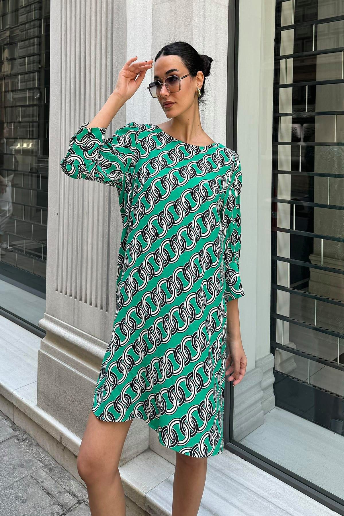 For You Moda Minikleid Grünes Satin-Kettenmuster-Kleid günstig online kaufen