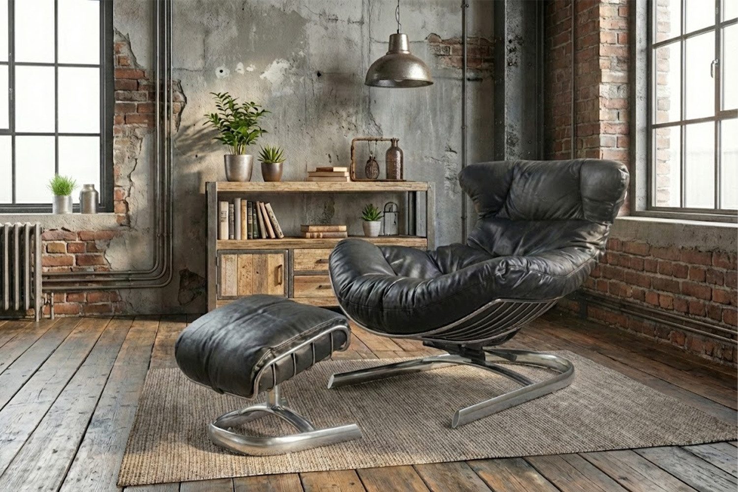 KAWOLA Relaxsessel LORNA, Sessel Leder schwarz inklusive Hocker