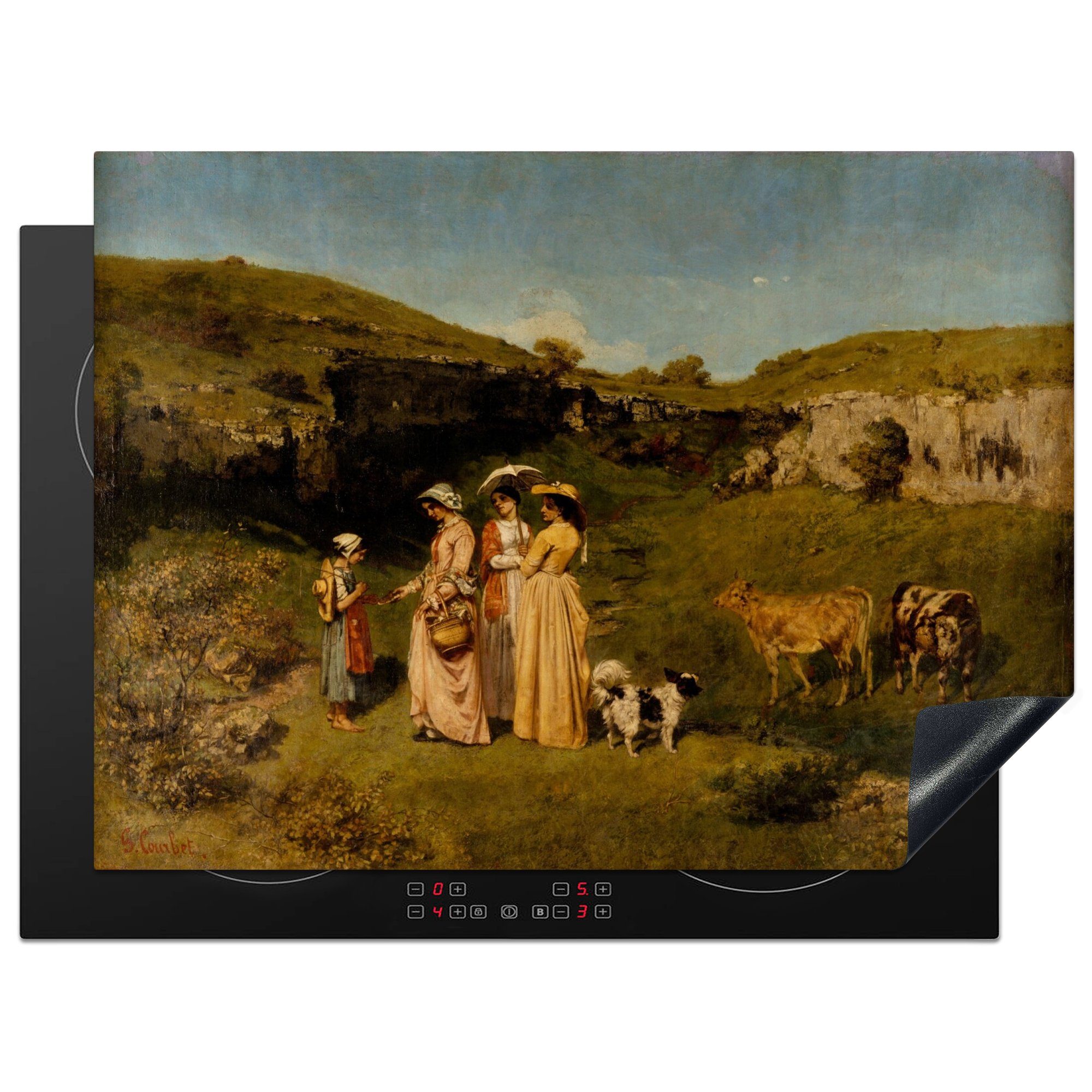 MuchoWow Herdblende-/Abdeckplatte Junge Damen des Dorfes - Gemälde von Gustave Courbet, Vinyl, (1 tlg), 71x52 cm, Induktionskochfeld Schutz für die küche, Ceranfeldabdeckung
