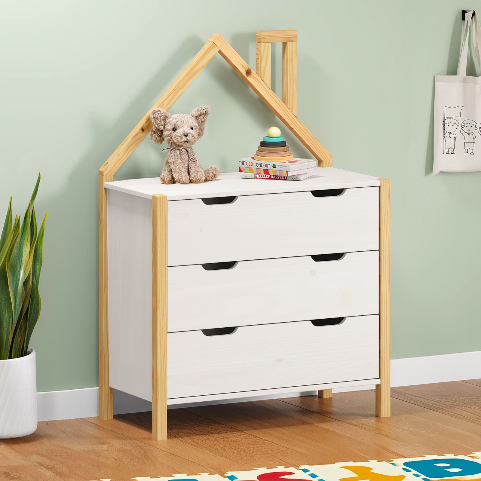 IDIMEX Kommode ELANO, Kinderzimmer Schubladenkommode aus Massivholz Haus-Form Natu/Weiß