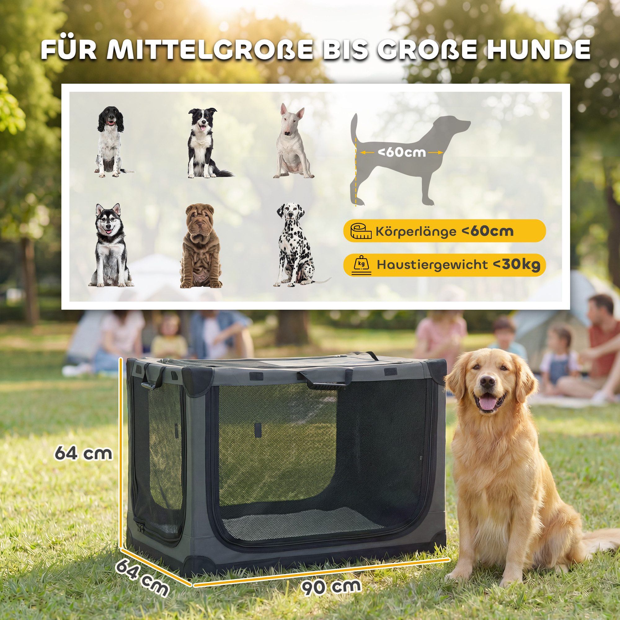 PawHut Tiertransportbox Hundebox faltbar 90x64x64cm Hundetransportbox mit Kissen bis 30 kg, Transportbox aus 600D Oxford-Gewebe für Reise & Auto Armeegrün