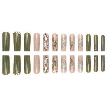 YRIIOMO Kunstfingernägel Verschleißfester, verschleißfester Glitzerpuder-Maniküre-Patch mit, grüner Blume, mittellang, abnehmbar