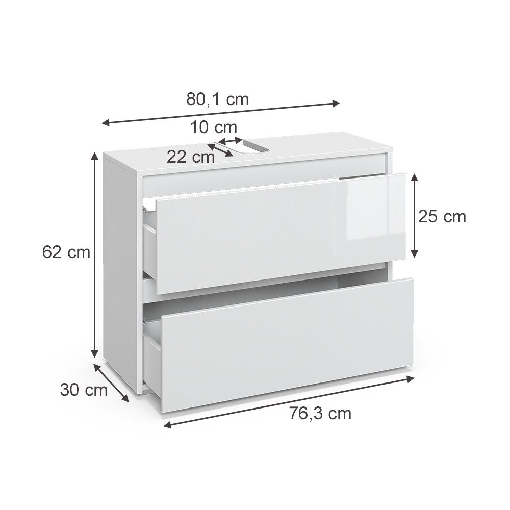 Vicco Waschbeckenunterschrank Majest, Weiß/Weiß Hochglanz, 80.1 x 62 cm mit 2 Schubladen (1-St)