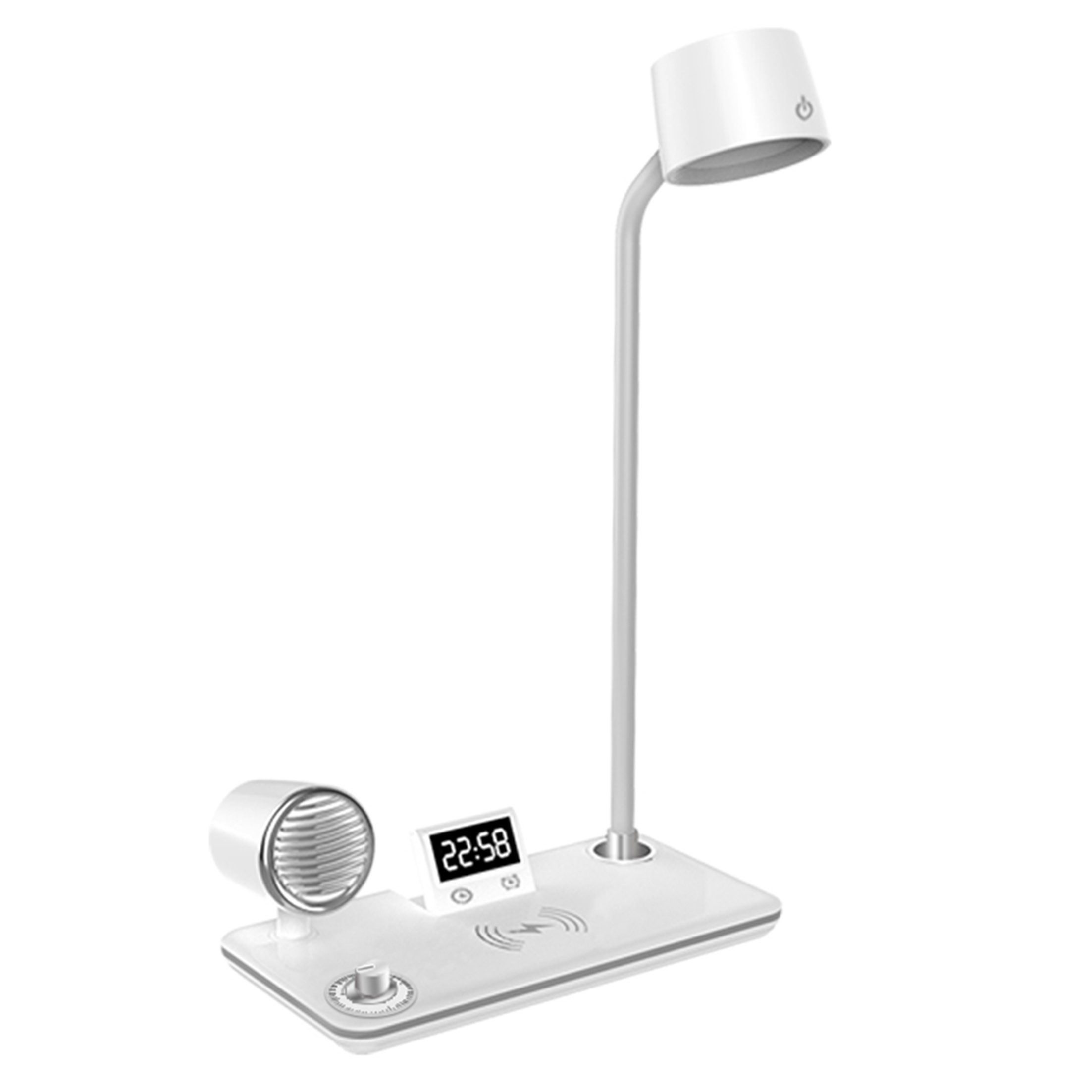 KINSI LED Schreibtischlampe LED Schreibtischlampe mit Bluetooth Lautsprecher, Qi Ladestation, LED fest integriert, Flexibler 360° Lampenkopf, Drei Lichtfarben, Digitaluhr und Wecker