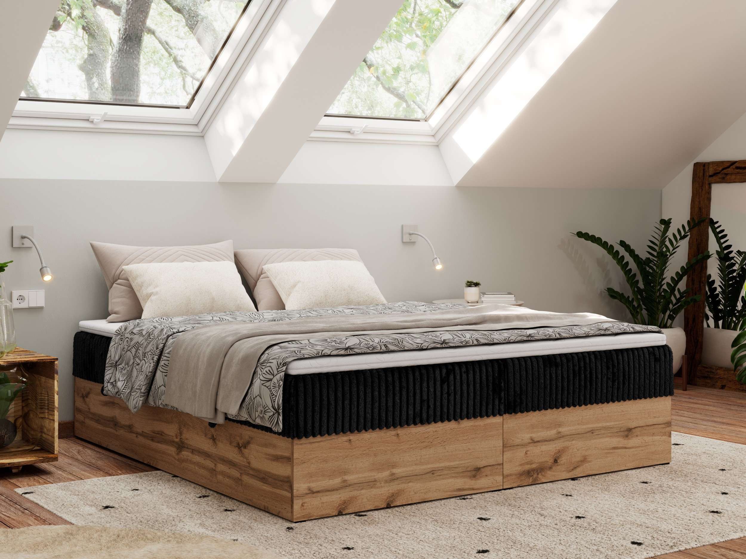 MKS MÖBEL Boxspringbett WOOD ZERO (Set, Bett, Polsterbett mit integrierten Matratzen, 2 Bettkästen, H3/H4), Topper T25 oder Visco optional, ohne Kopfteil