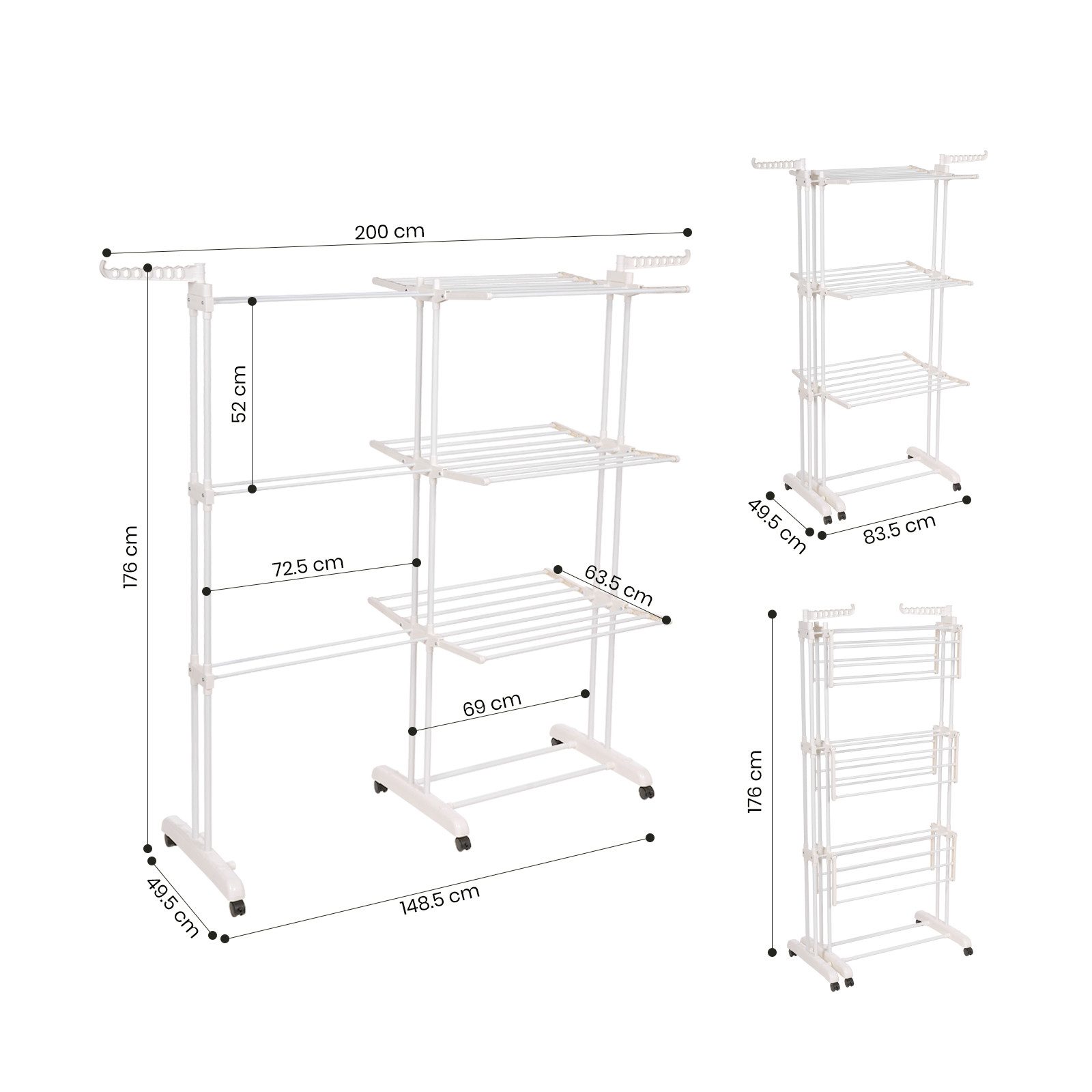 Oak&Tea Wäscheständer Ausziehbarer Wäscheständer Turm für Balkon & Wohnung, XXL Standtrockner, 4 Ebenen, klappbare zwischen 83-200cm, mit Rollen